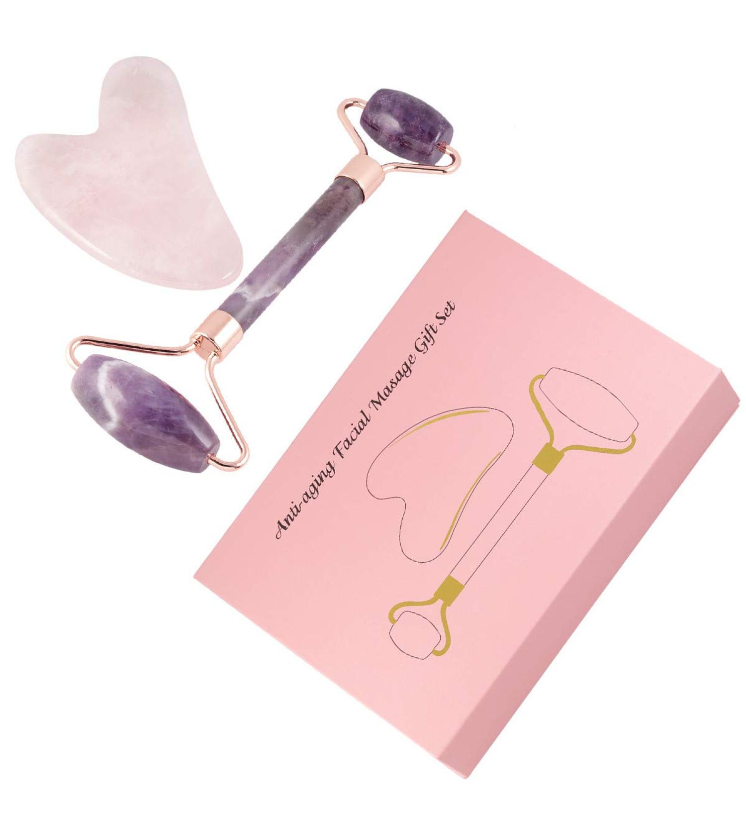 Buy Mookaitedecor Amethyst Roller & Rose Quartz Gua Sha Set | Anti-Aging Face Massager for Wrinkles | Best Purple & Pink Beauty Tool - Buy Online on GoSupps.com