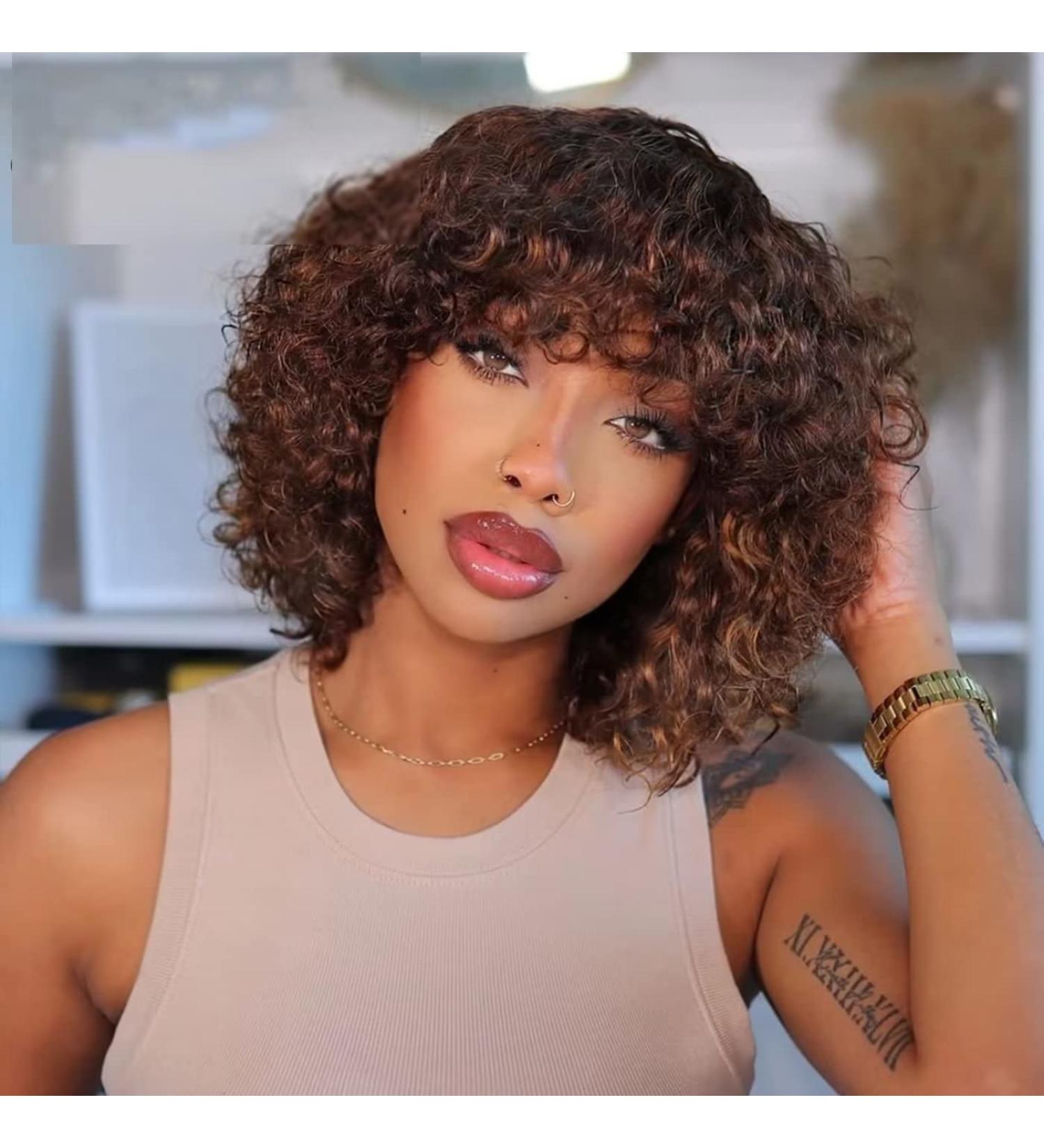 Curly Bob Wig with Bangs - Short Afro Human Hair Wigs for Black Women 12 inch P4/30 - Buy Online on GoSupps.com