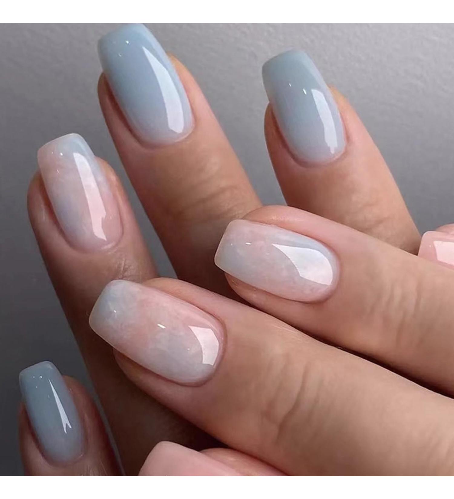 Ceboic 24Pcs Square False Nails Short French Tips Blue Pink - Glossy Marble Designs - Removable Press on Nails for Women and Girls - Buy Online on GoSupps.com