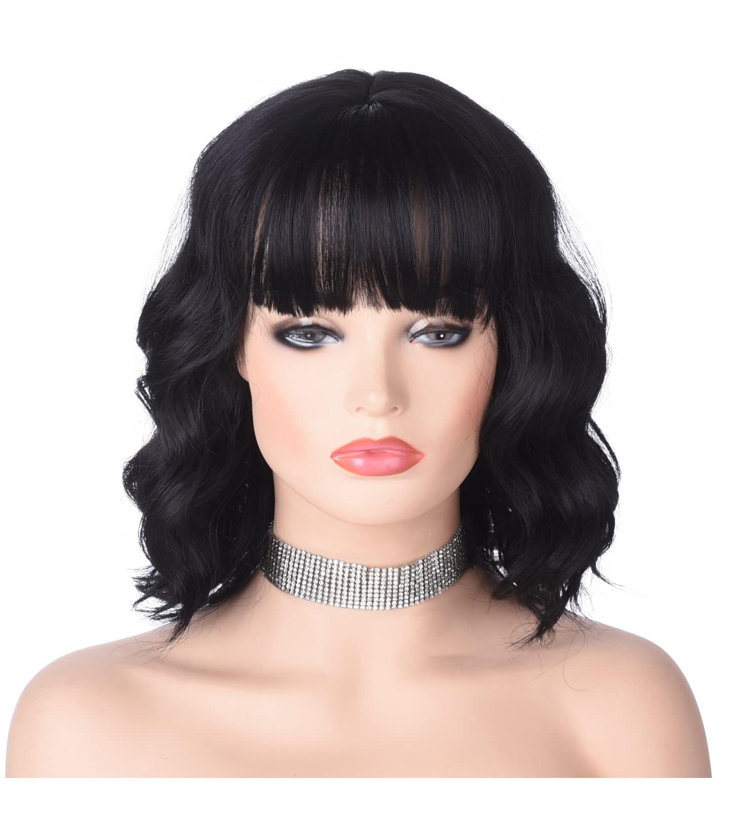 AMZCOS Short Black Wavy Wig with Bangs for Women - 12 Inch Natural Synthetic Hair Bob Wig for Daily Wear - Black - Buy Online on GoSupps.com