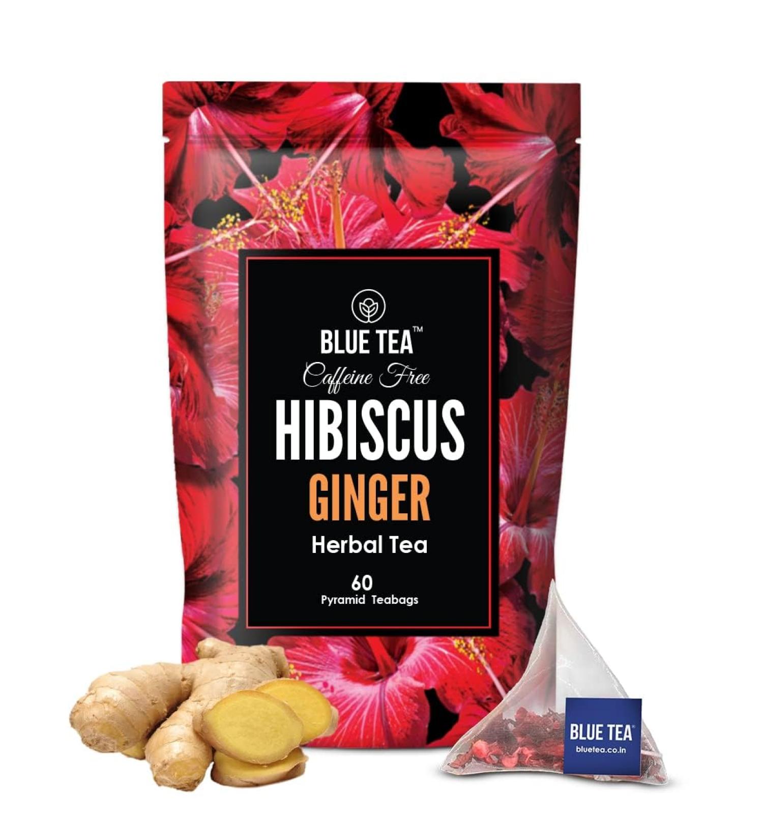BLUE TEA - Hibiscus Ginger Herbal Tea - 60 Tea Bags || CAFFEINE FREE || Hibiscus - Ginger | Detox - Soothing | Vegan - Gluten Free - Non-GMO | Eco-Conscious Ziplock Pouch - Buy Online on GoSupps.com
