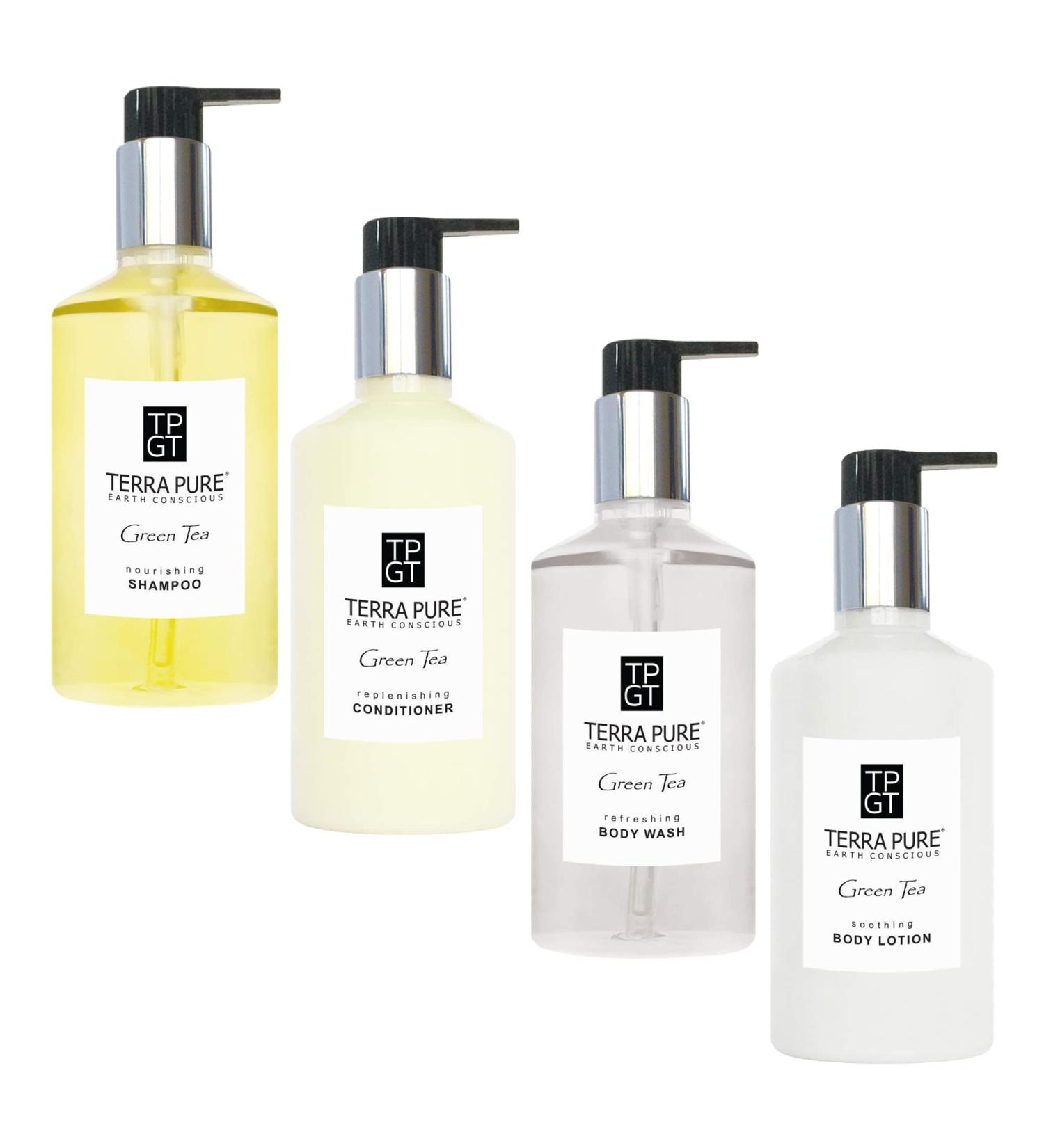 Terra Pure Green Tea Amenities Set - 10.14 oz. Shampoo, Conditioner, Hand/Body Wash, Lotion - 4 Pack - Buy Online on GoSupps.com