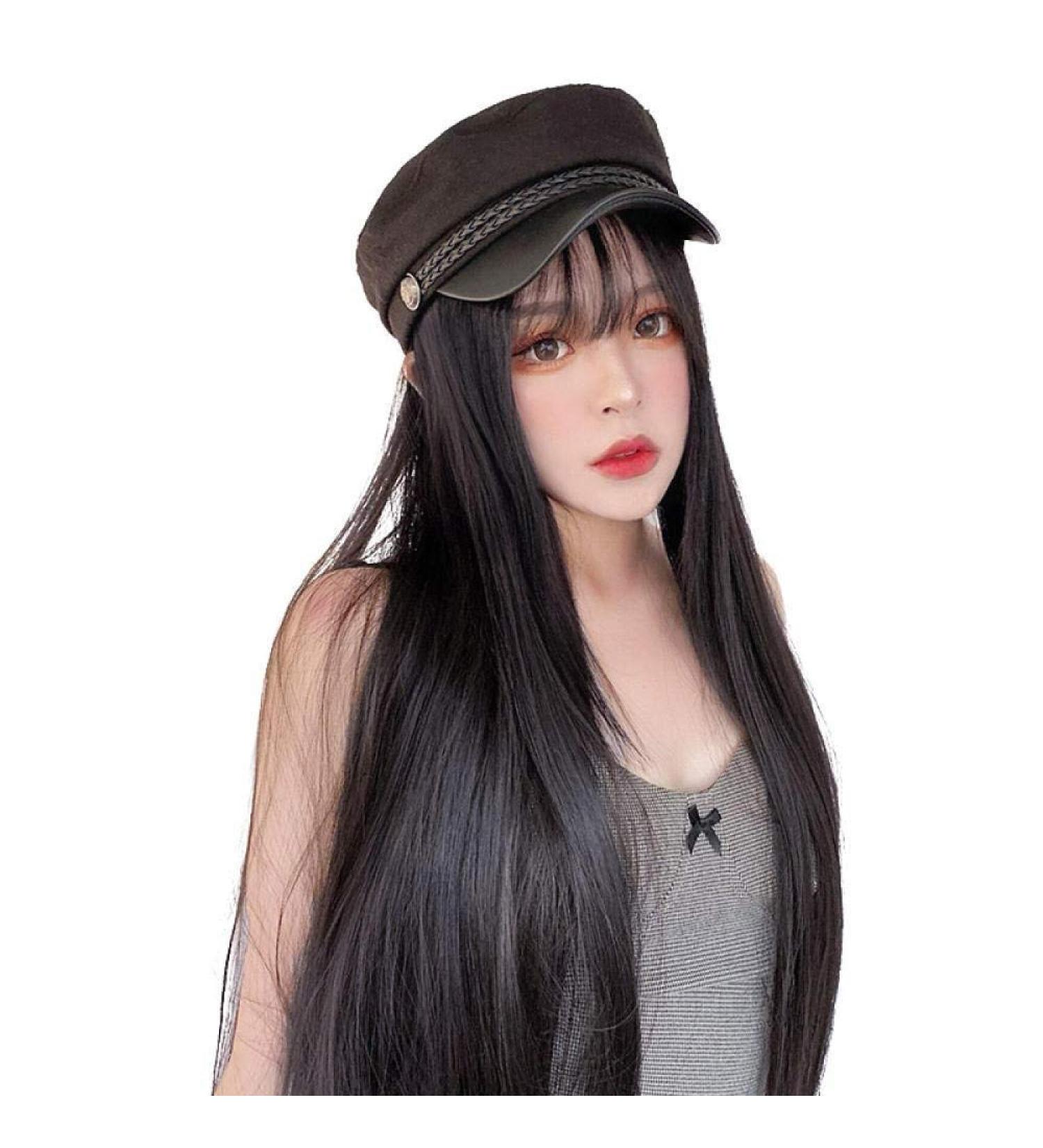 BGHJUE Wig female long hair navy hat wig one fashion black long straight hair autumn and winter natural full headgear