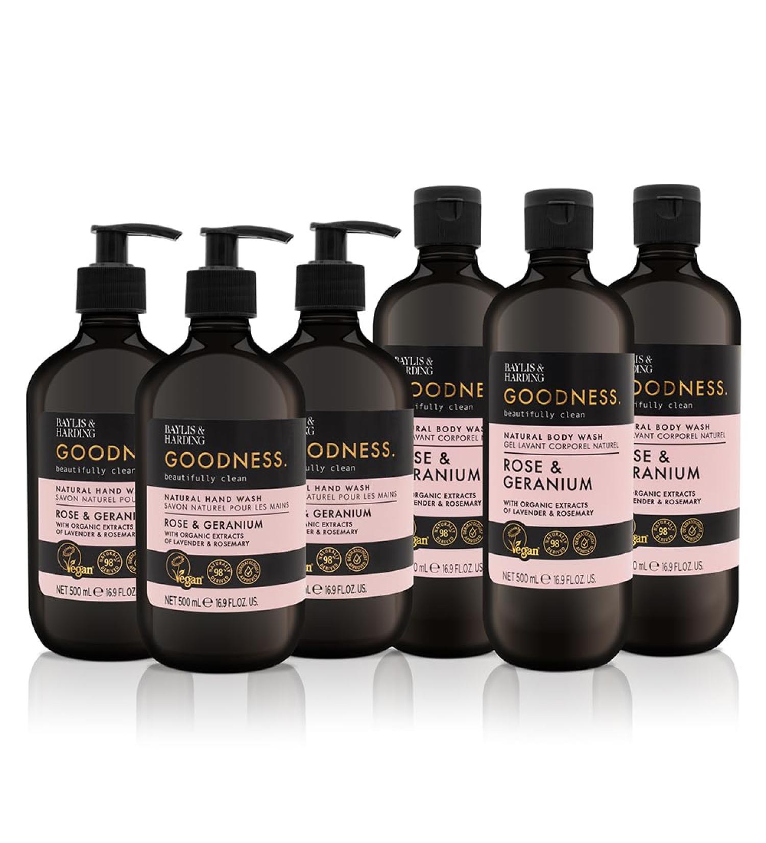 Baylis & Harding Goodness Rose & Geranium Toiletries Bundle: 3 x 500 ml Hand Wash & 3 x 500 ml Body Wash (6 bottles) - Vegan Friendly 500.00 ml (Pack of 6) Rose & Geranium Body Wash Bundle - Buy Online on GoSupps.com