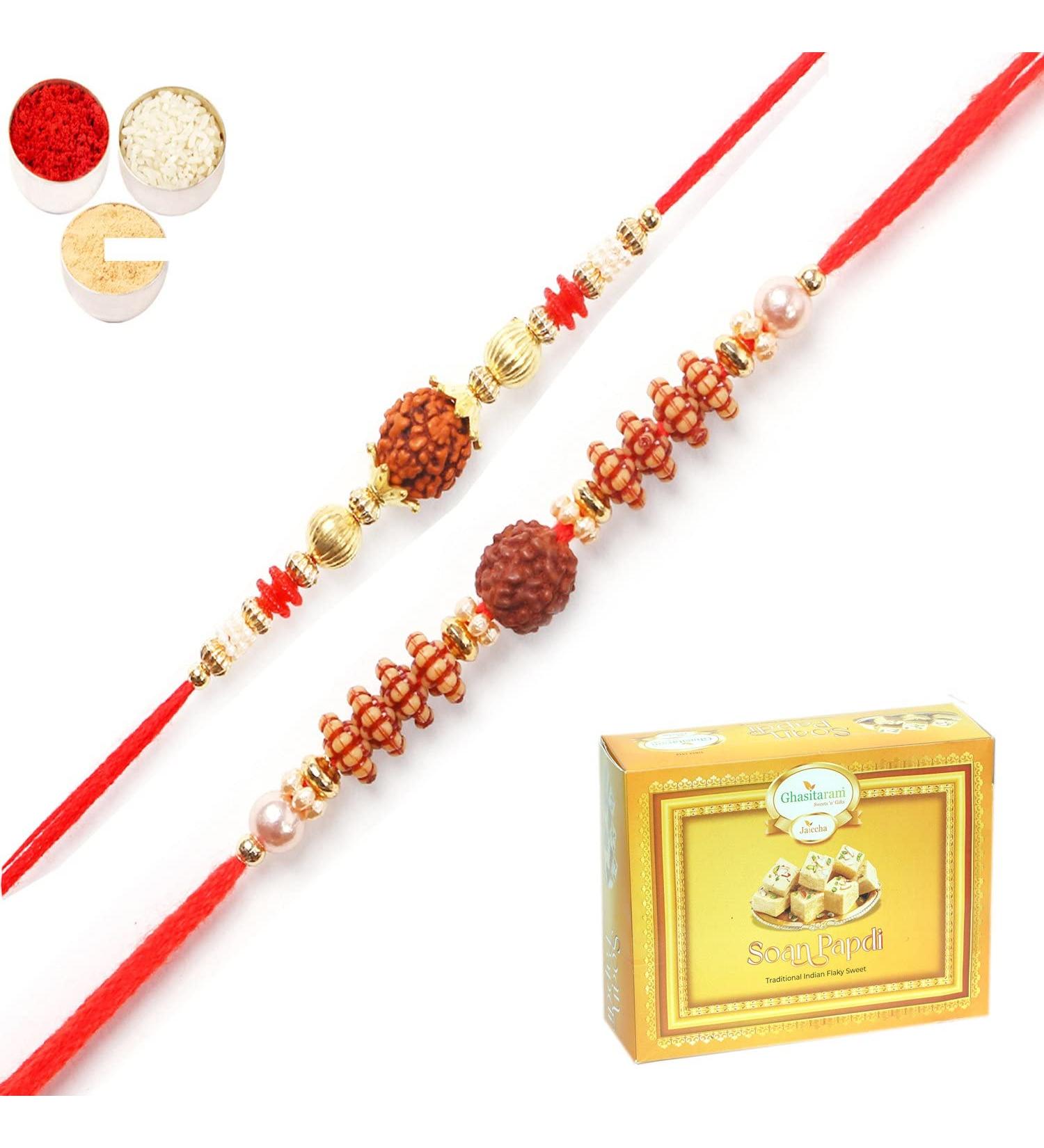 Ghasitaram Gifts Rakhi for Brother Rakhis Online - Set of 2 6142 6176 Rudraksh Rakhis with 400 GMS of Soan Papdi - Buy Online on GoSupps.com