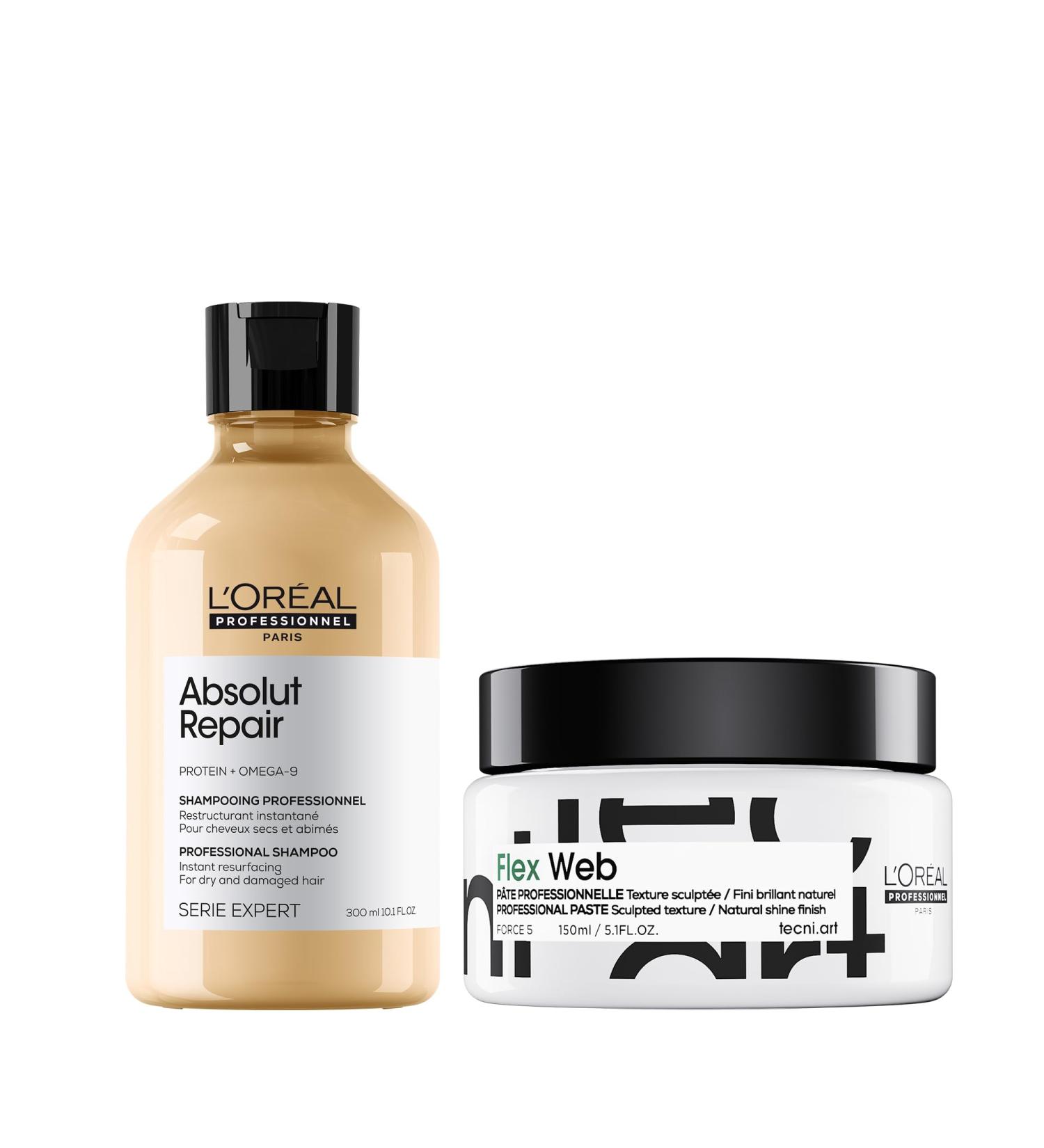 LOr al Professionnel Routine for damaged hair and texturized tousled finish set with restorative Absolut Repair Shampoo and Texturizing Styling Paste Flex Web - Buy Online on GoSupps.com