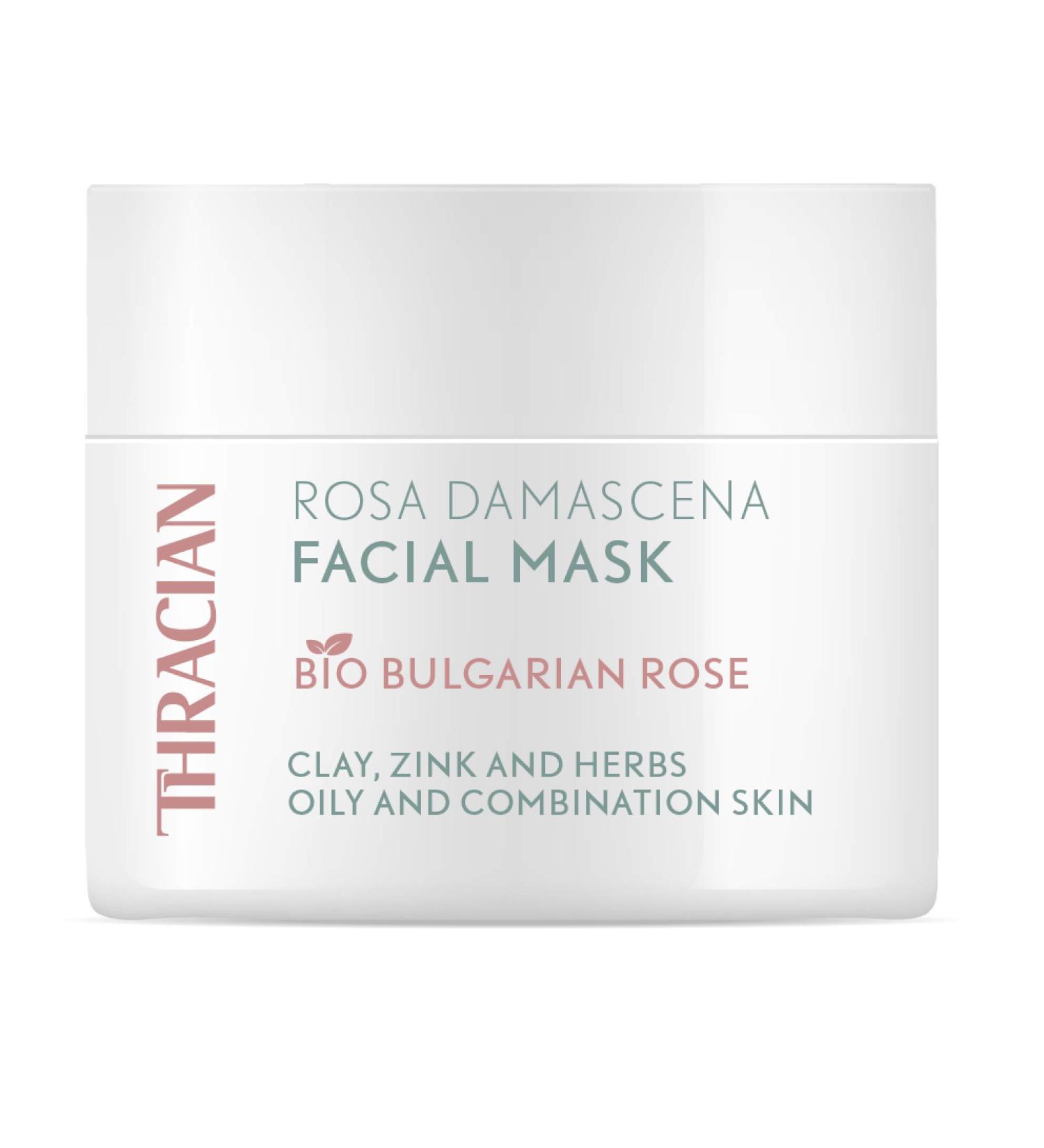 Thracian Rosa Damascena Thracian Organic Face Mask Gentle Cleansing Mask with Natural Zinc Clay and Organic Bulgarian Rose Water for Blackheads Acne Enlarged Pores and Oily Skin 100ml