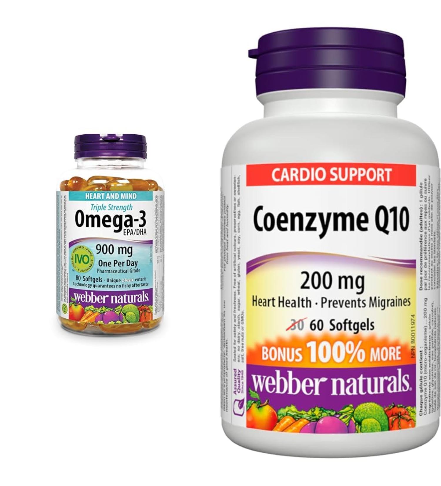 Webber Naturals Omega-3 900 mg Triple Strength & Coenzyme Q10 (CoQ10) 200mg High Potency Antioxidant Non-GMO Gluten Free 60 softgels for Heart Health and Cellular Energy Production 80 Omega + Coenzyme Q10 - Buy Online on GoSupps.com