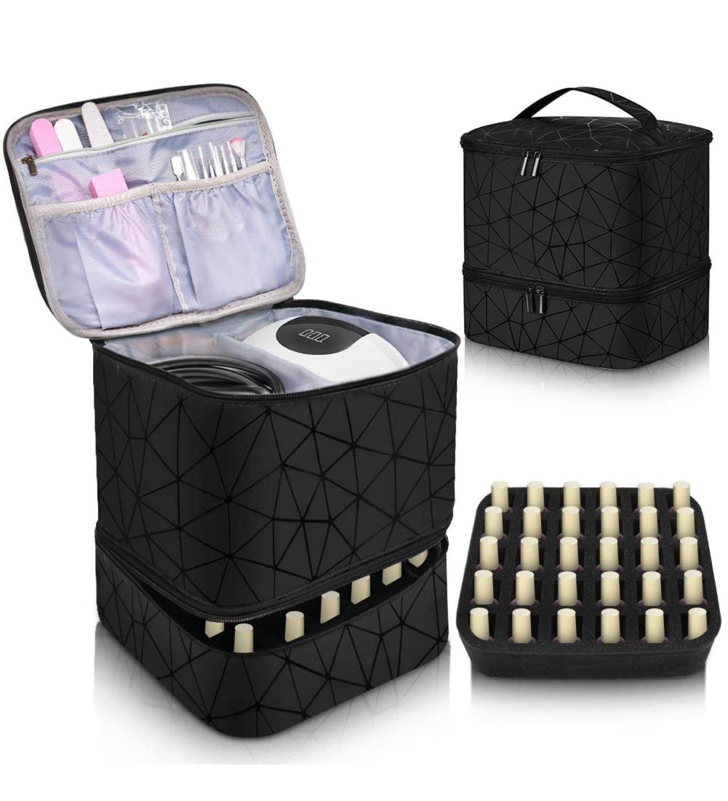 Veirdro Portable Double-Layer Nail Polish Organizer - Holds 30 Bottles, Nail Lamp - Travel Carrying Bag in Black - Buy Online on GoSupps.com