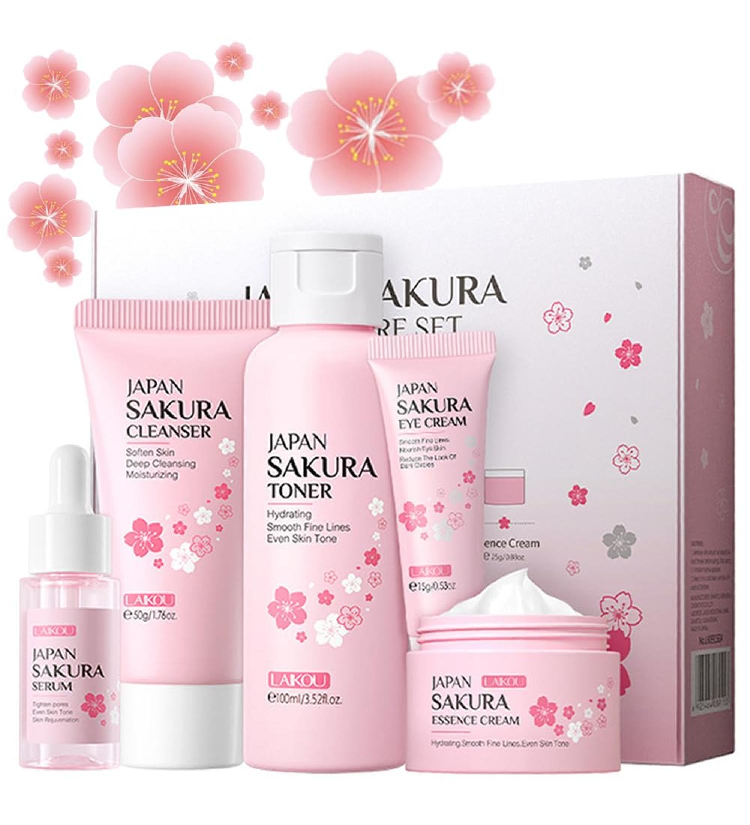 Sakura Skincare Gift Set - 5pcs Travel Kit with Cleanser Toner Serum Eye Cream & Face Cream for Women & Girls | International Shipping - Buy Online on GoSupps.com