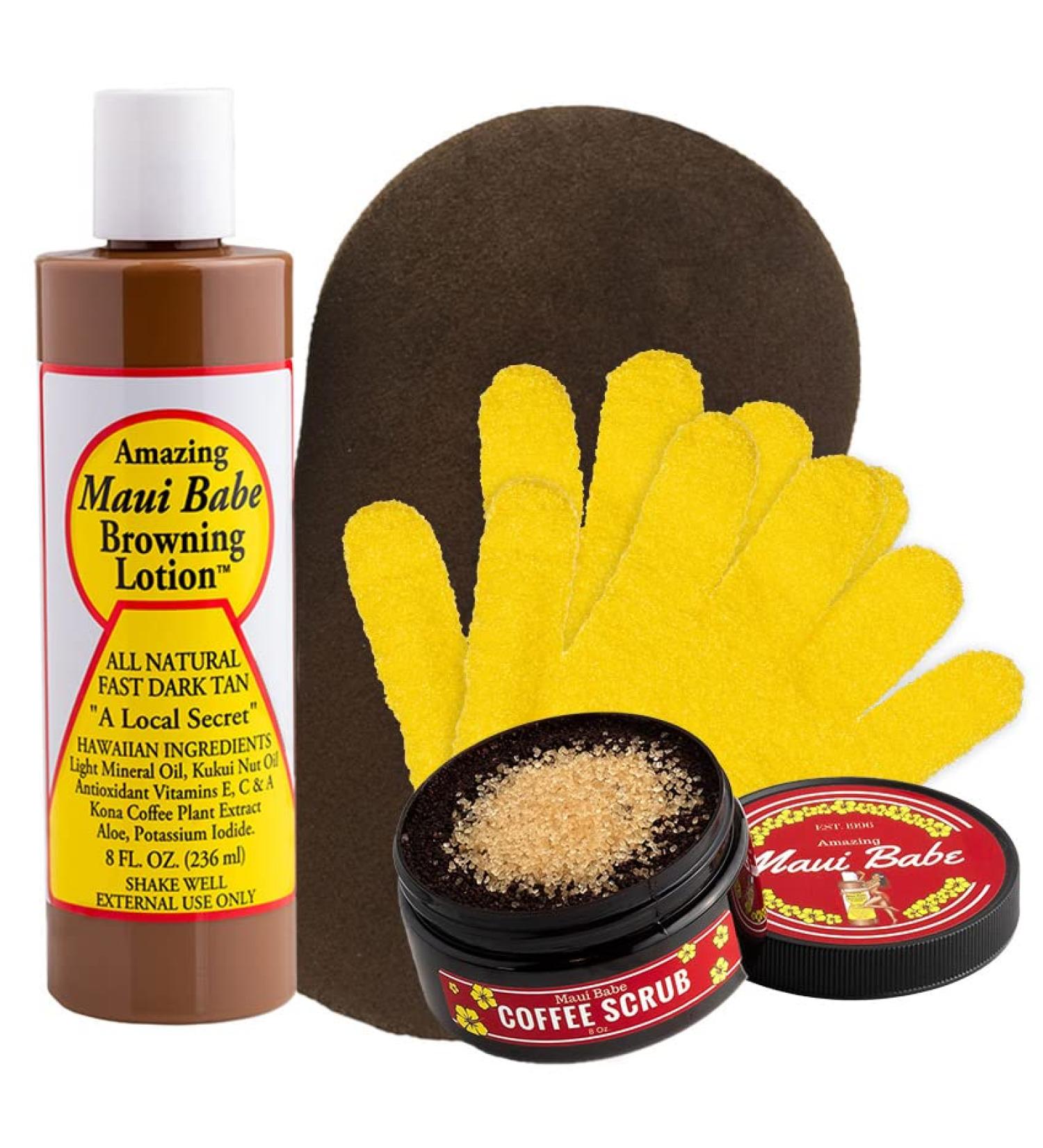 Maui Babe Browning Lotion & Coffee Scrub Kit 8oz Tanning Lotion & Exfoliating Gloves - Best Outdoor Suntan Formula for Gorgeous Skin - Buy Online on GoSupps.com