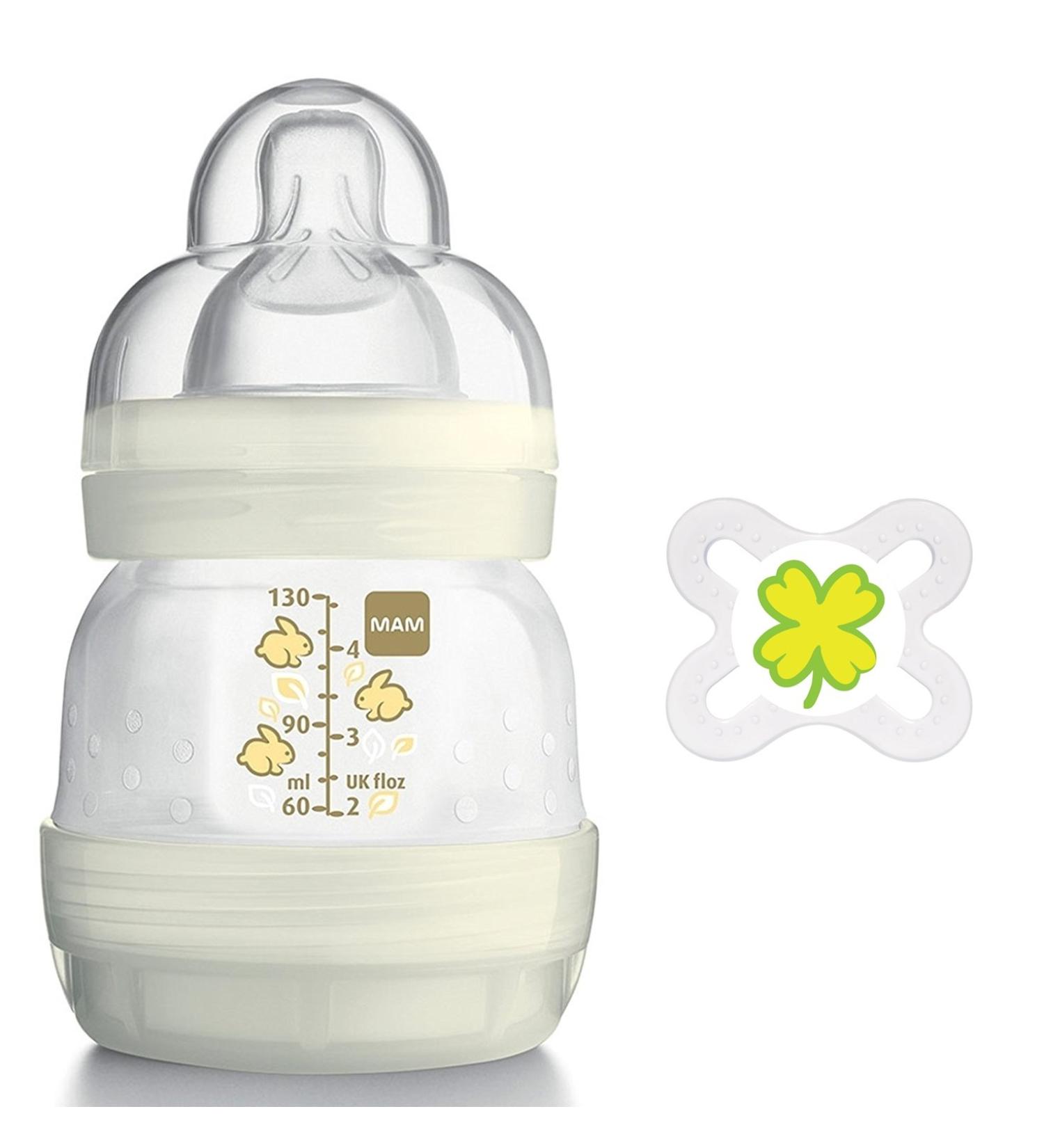 MAM Anti-Colic Bottle 130ml & MAM Pacifier for 0-2 Months - Ivory Rabbit Design | International Shipping Available - Buy Online on GoSupps.com