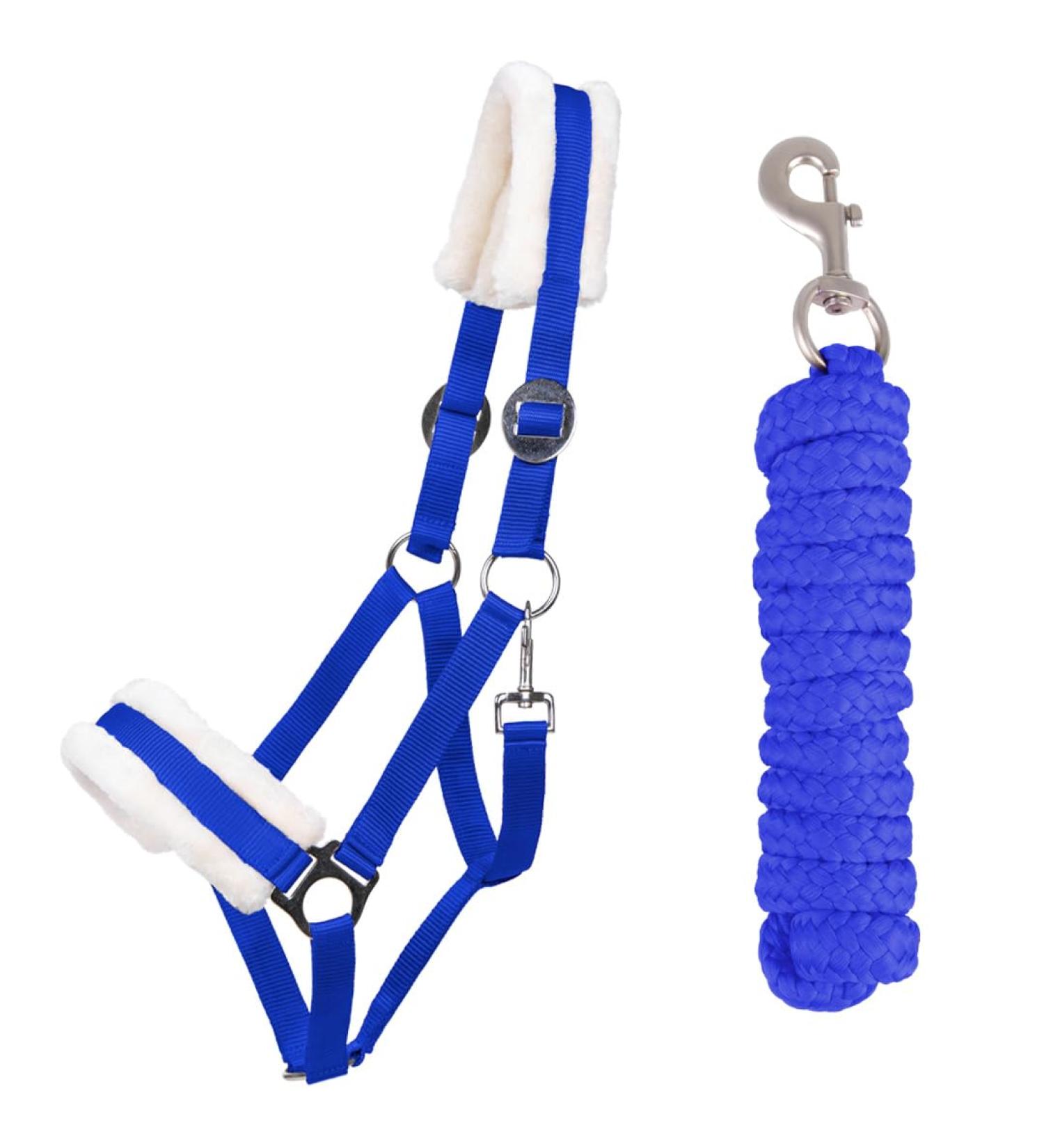 QHP Halter Set Beginner Faux Fur Padding Halter + Lead Rope Snap Hook (Pony Cobalt Blue) Pony Cobalt Blue