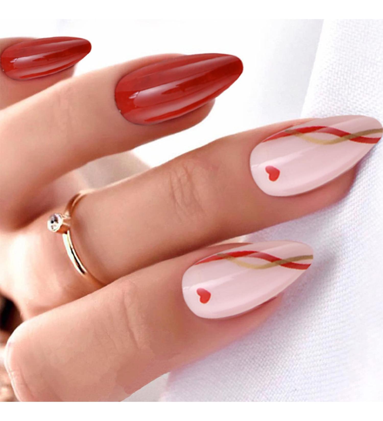 OKAQEE Almond Solid Color Short Square False Nails with Glue - Love Line - Buy Online on GoSupps.com