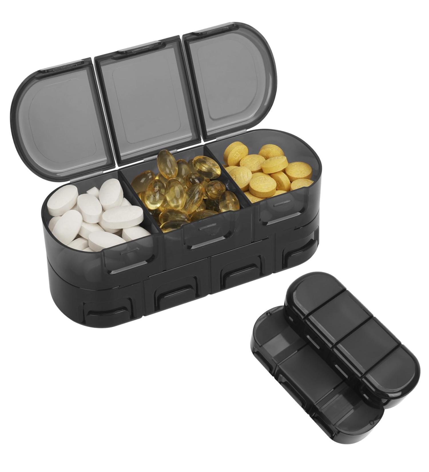 FYY Daily Pill Organizer - 7 Compartment Portable Travel Pill Case for Vitamins Supplements & Medication - Black - Buy Online on GoSupps.com