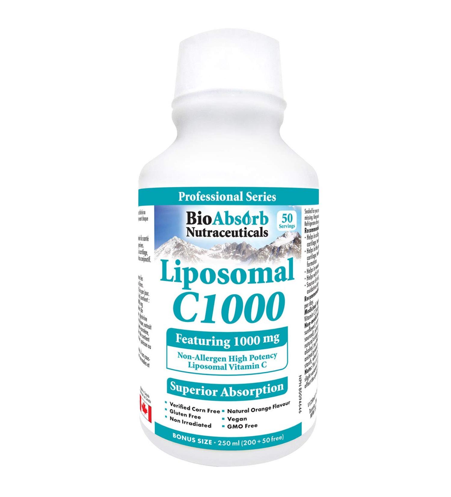 Bio Absorb Liposomal Vitamin C 1000mg Liquid - 8.5 oz 50 Servings | Non GMO, Soy-Free, Vegan | Natural Orange Flavor - 250ml - Buy Online on GoSupps.com