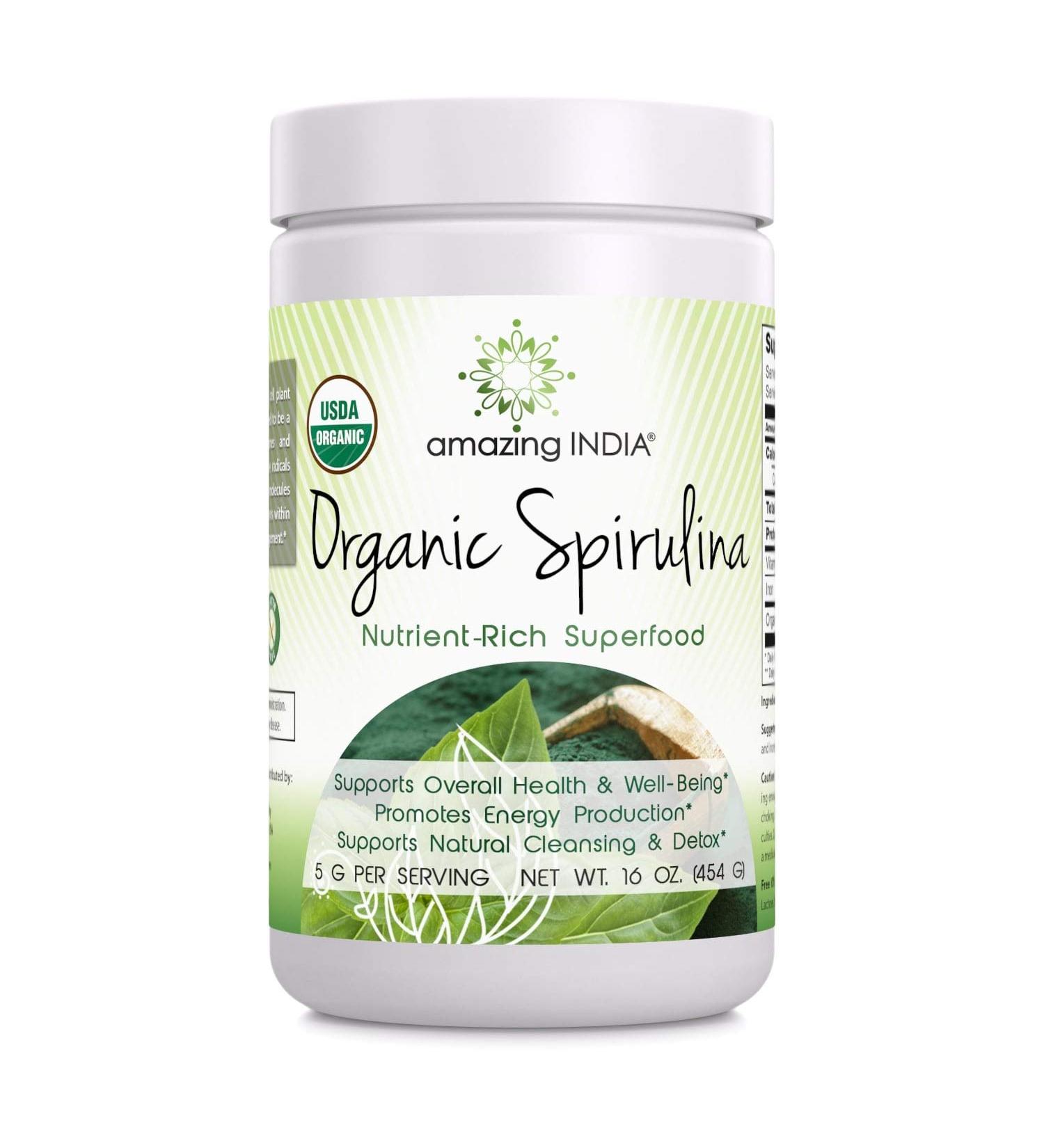 Amazing India Organic Spirulina Powder (Non-GMO) 16 oz (454 gm) - Supports Cell Regeneration Immune Health Detoxification & Overall Health*