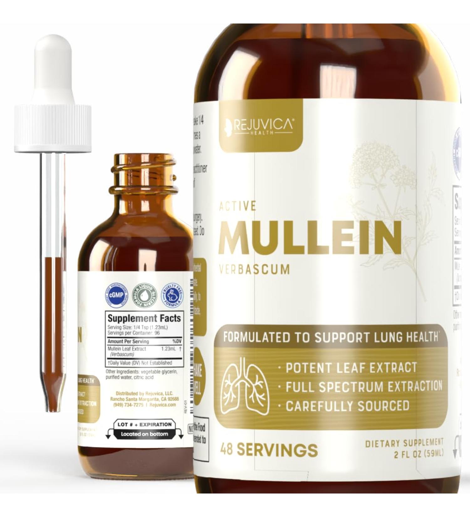 Rejuvica Health Active Mullein 2oz - Advanced Mullein Liquid Extract - Lung Support Drops - Vegan Sugar Free Non GMO Tincture