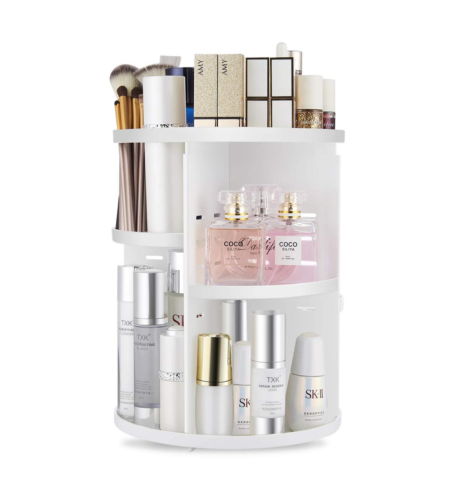 Seinlife 360 Rotating Makeup Organizer - Adjustable Spinning Holder for Countertop and Vanity - Foldable Cosmetic Storage Display Box - Large Capacity Shelf in White - Buy Online on GoSupps.com