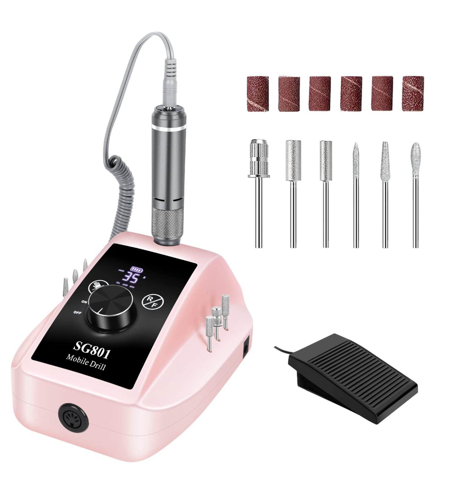 HUGMAPLE Professional Nail Drill 35000RPM Electric File Machine | Rechargeable Cordless E-File for Acrylic Nails with Bits & Foot Pedal - Pink - Buy Online on GoSupps.com