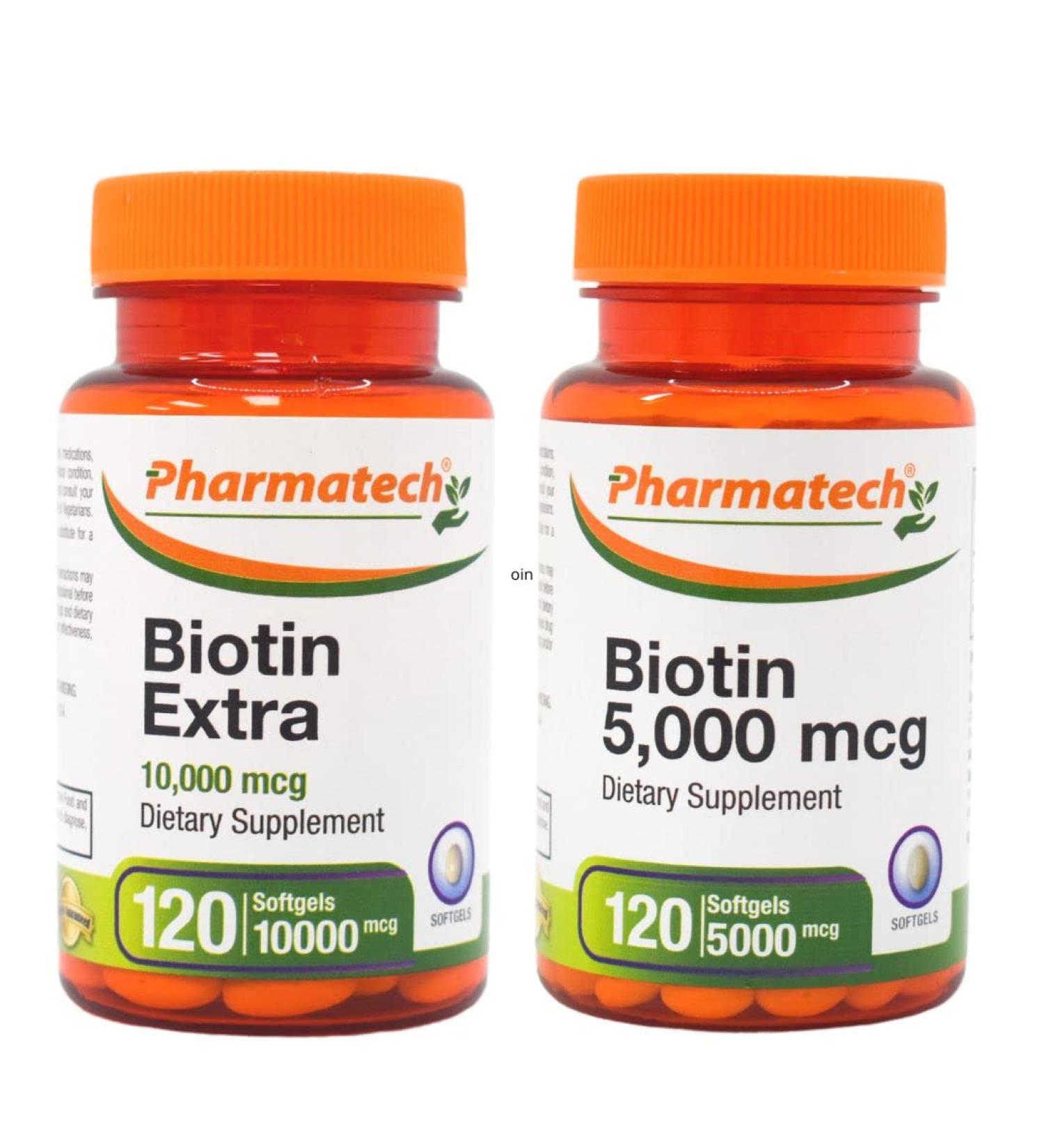 PHARMATECH Biotin Vitamin B7 for Hair Growth Skin and Nails 10 000 mcg and 5 000 mcg Gluten Free Non-GMO 120 Softgels - Buy Online on GoSupps.com