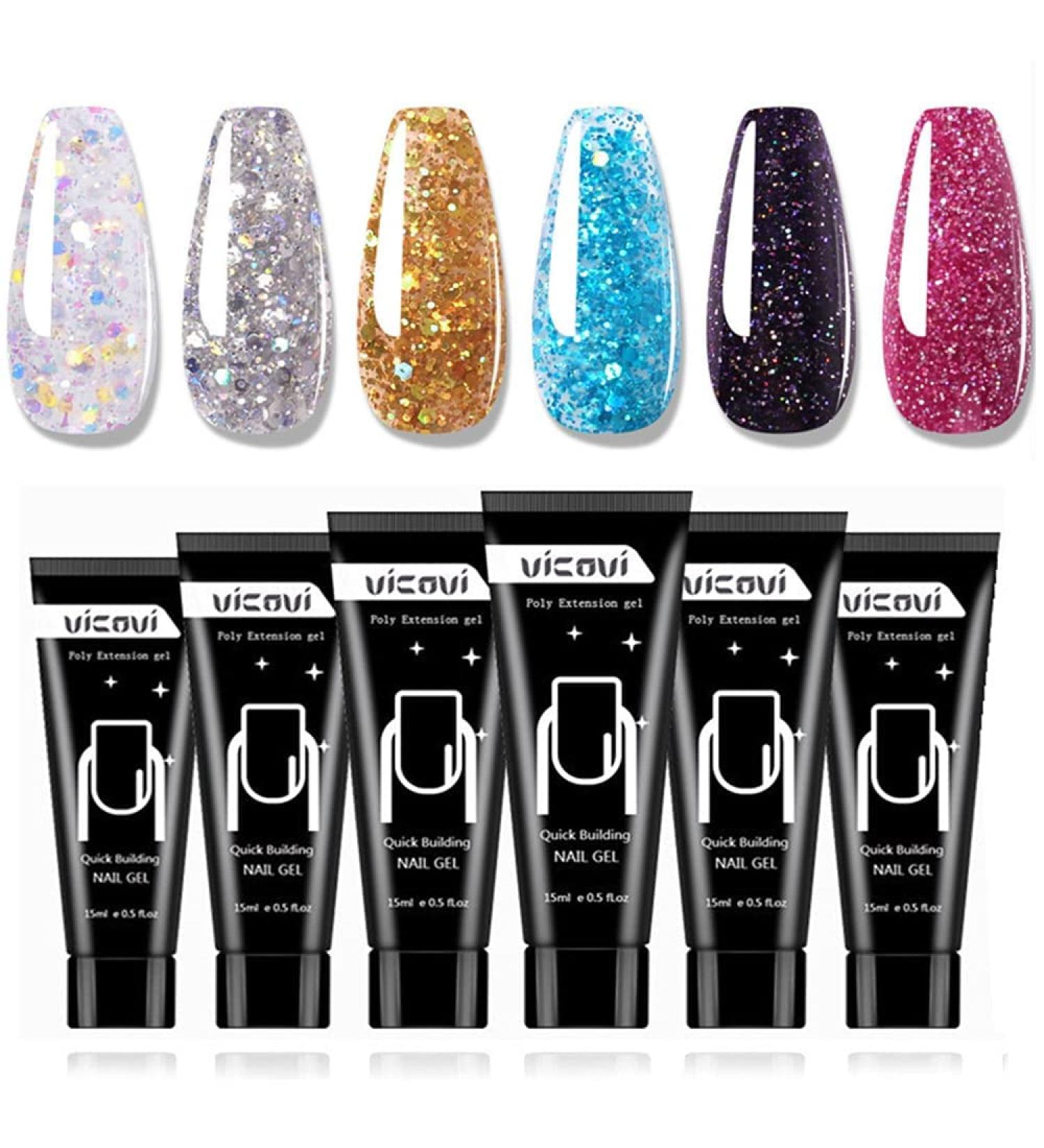 Glitter Poly Nail Extension Gel Kit - 6 Colors Builder for Salon Quality Nail Extensions at Home - 6PCS 15ml (Pink, Silver, Gold, Blue, Purple, Red) - Buy Online on GoSupps.com