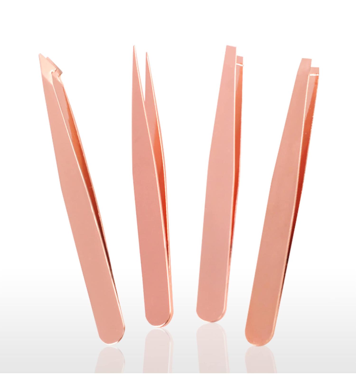 (4-Piece) Professional Stainless Steel Tweezers Set Precision Eyebrows Tweezers for Trimming Eyebrows Debris Ingrown Hairs Facial Hair and Blackheads (4 Different Tweezer Tips Pink) - Buy Online on GoSupps.com