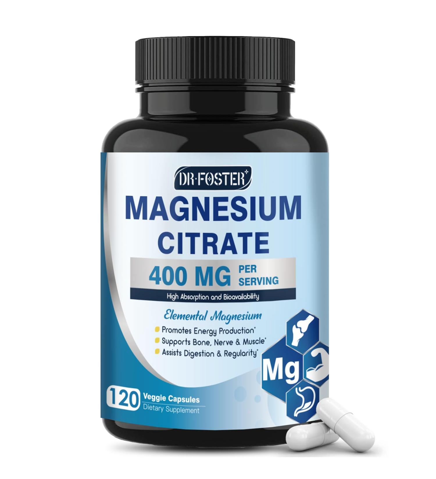 DRFOSTER Magnesium Citrate Capsules - High Absorption Pure Magnesium Supplement 400 mg for Constipation Sleep Muscle & Heart Support - Non-GMO 120 Vegan Capsules 2 Month Supply 120 Count (Pack of 1) - Buy Online on GoSupps.com