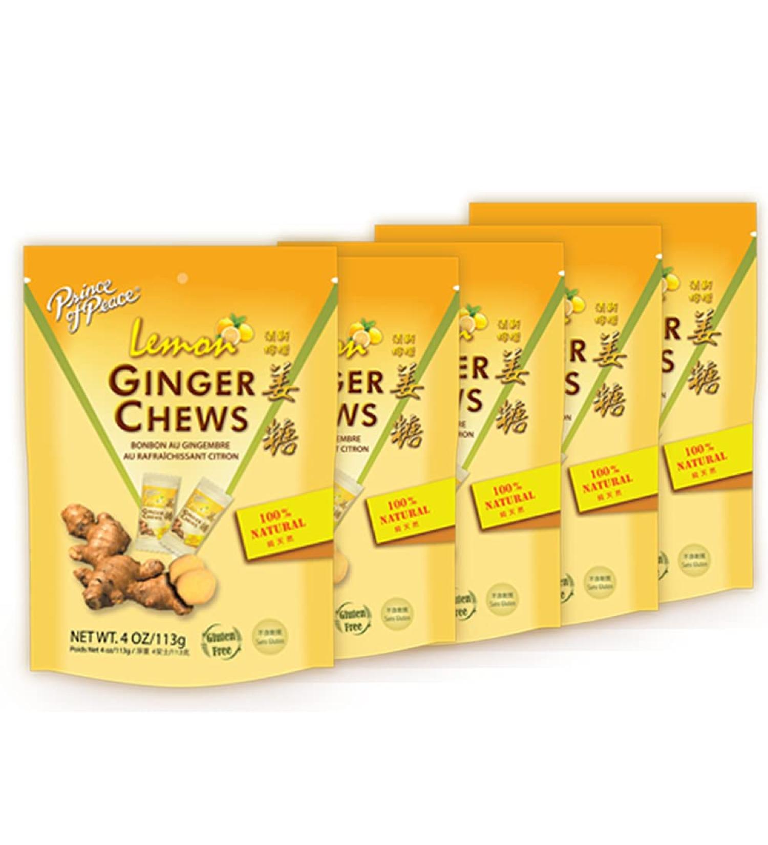 Prince of Peace Ginger Chews With Lemon, 4 oz.  Candied Ginger  Lemon Candy  Lemon Ginger Chews  Natural Candy  Ginger Candy for Nausea - 5 Pack Lemon 4 Ounce (Pack of 5)