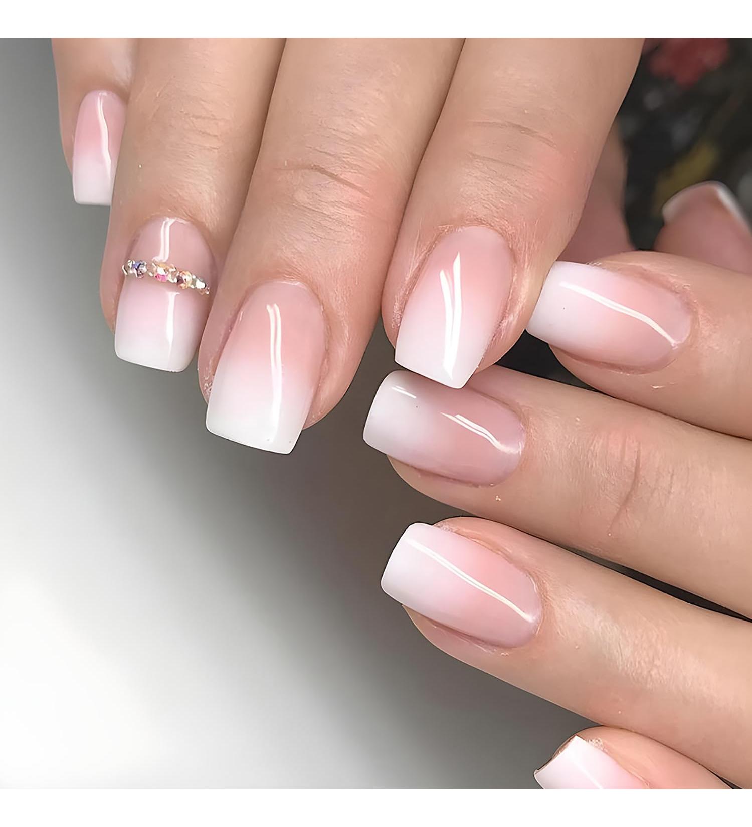 24 Pcs Medium Square Pink Press On Nails - Gradient Fake Nails with Rhinestones | Full Cover Stick-On Nails for Women & Girls | Stylish Fall French Nails - Buy Online on GoSupps.com