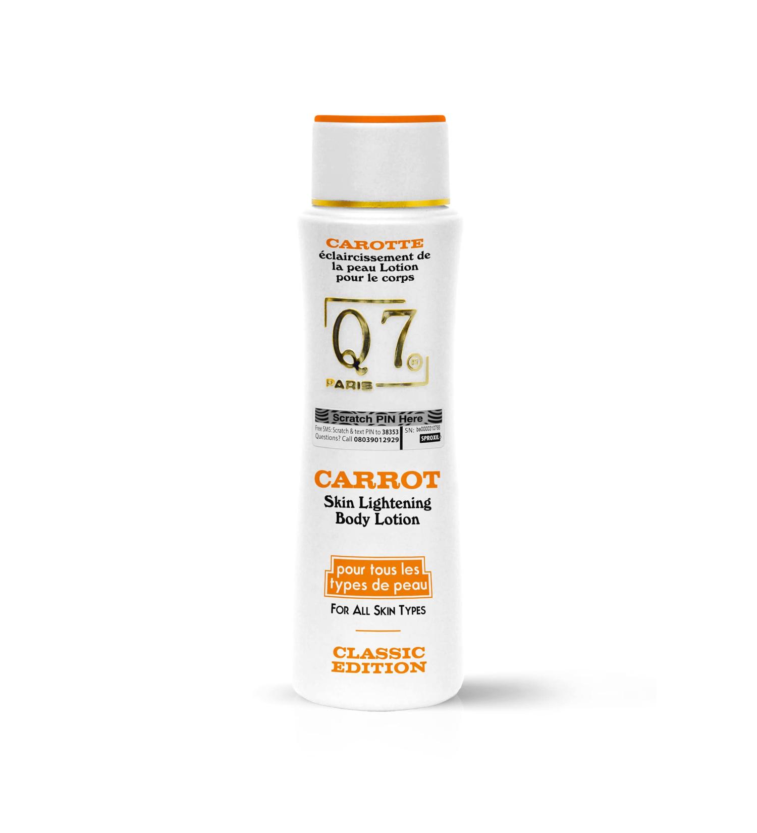 Q7Paris Carrot Skin Lightening Body Lotion CLASSIC EDITION Hydrates Lightens Daily Moisturizer removes blemishes acne scars hyperpigmentation and dark spots blemishes repairs and restores skin