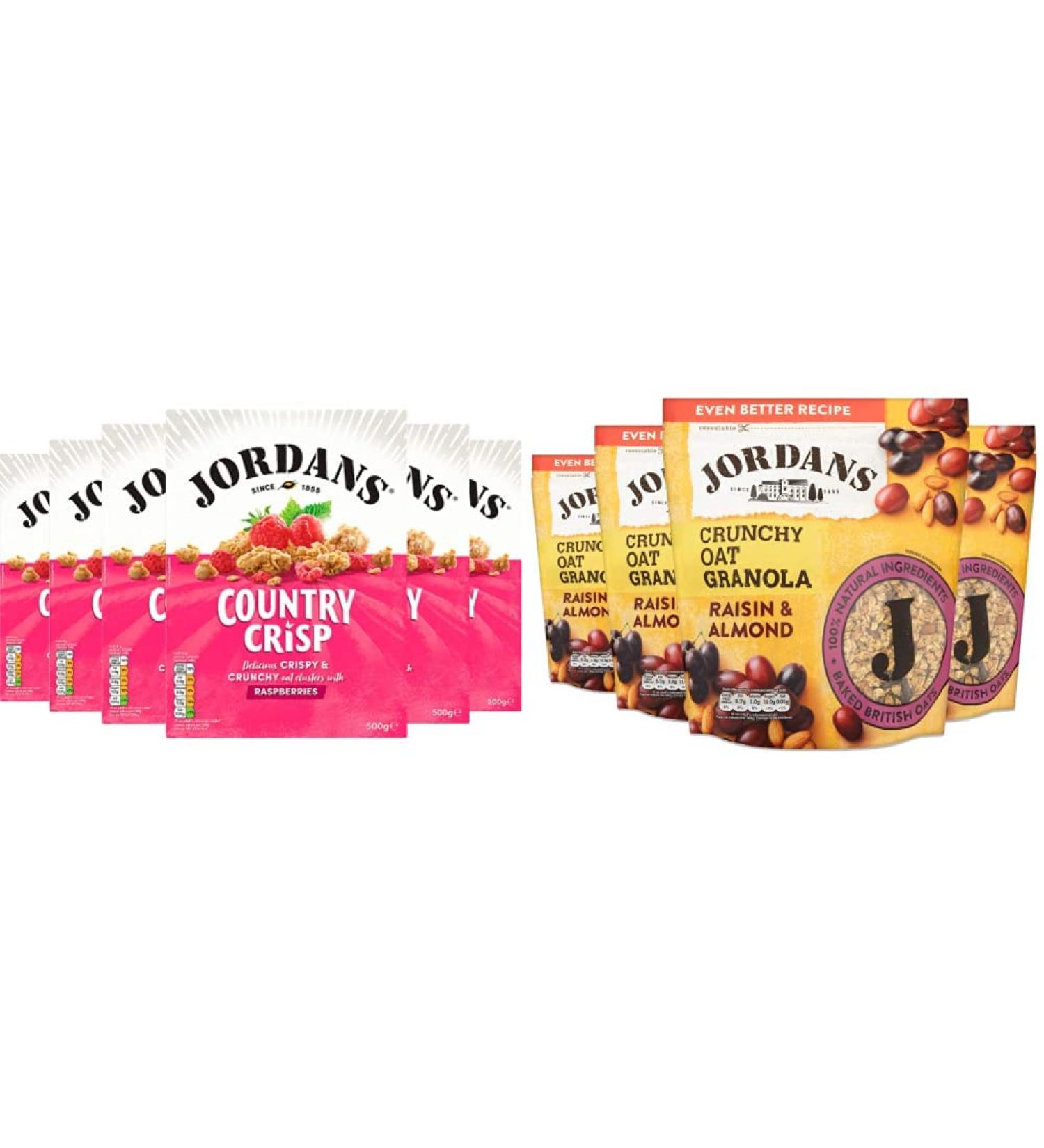 Jordans Country Crisp Raspberry | Breakfast Cereal | Vegetarian | 6 PACKS of 500 g & Granola Raisin and Almond | Breakfast Cereal | High Fibre | 4 PACKS of 750 g Raspberry + Granola Raisin and Almond - Buy Online on GoSupps.com