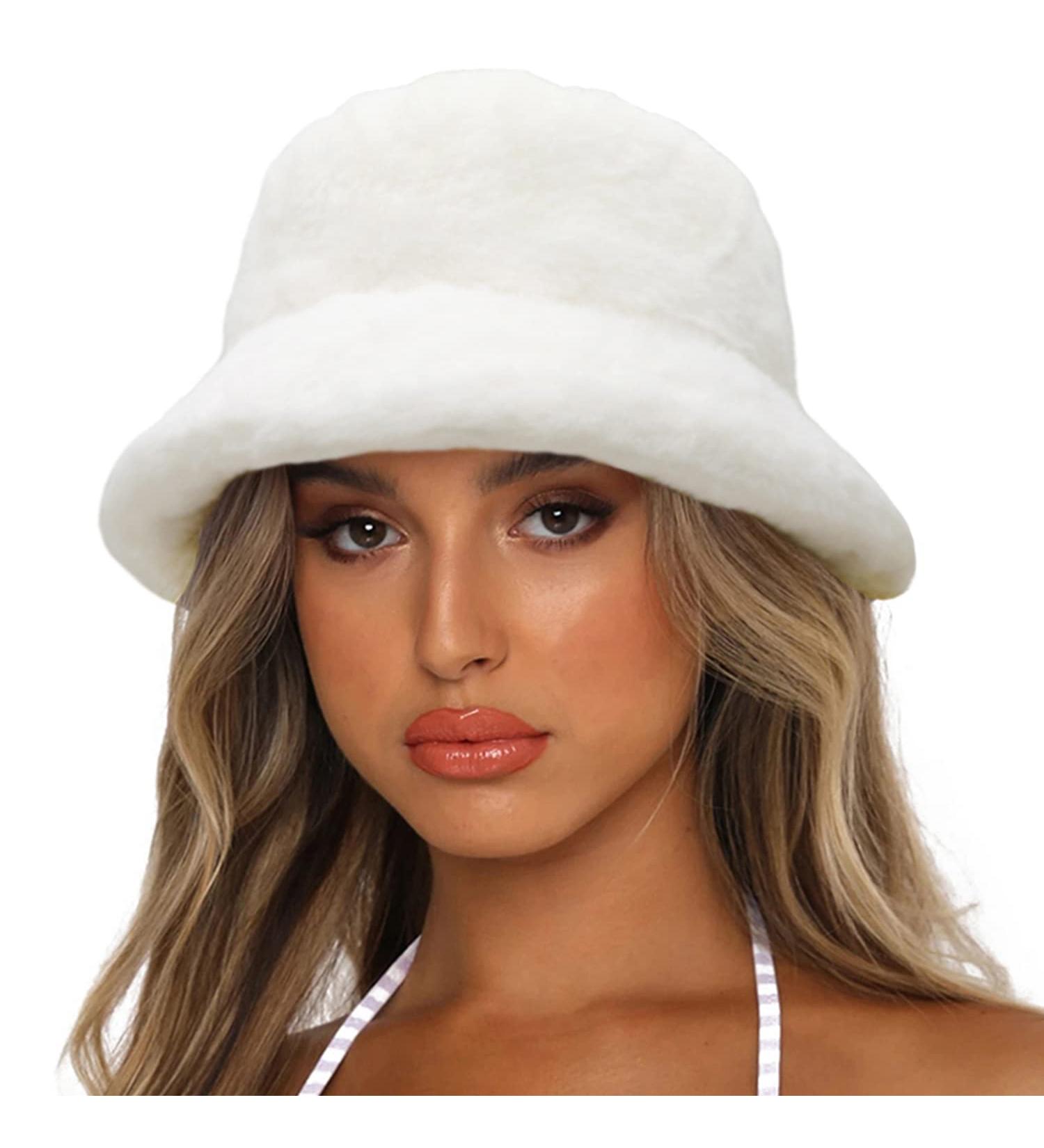 Winter Fluffy Faux Fur Bucket Hat - White Fisherman Cap for Women Men | Sydbecs - Buy Online on GoSupps.com
