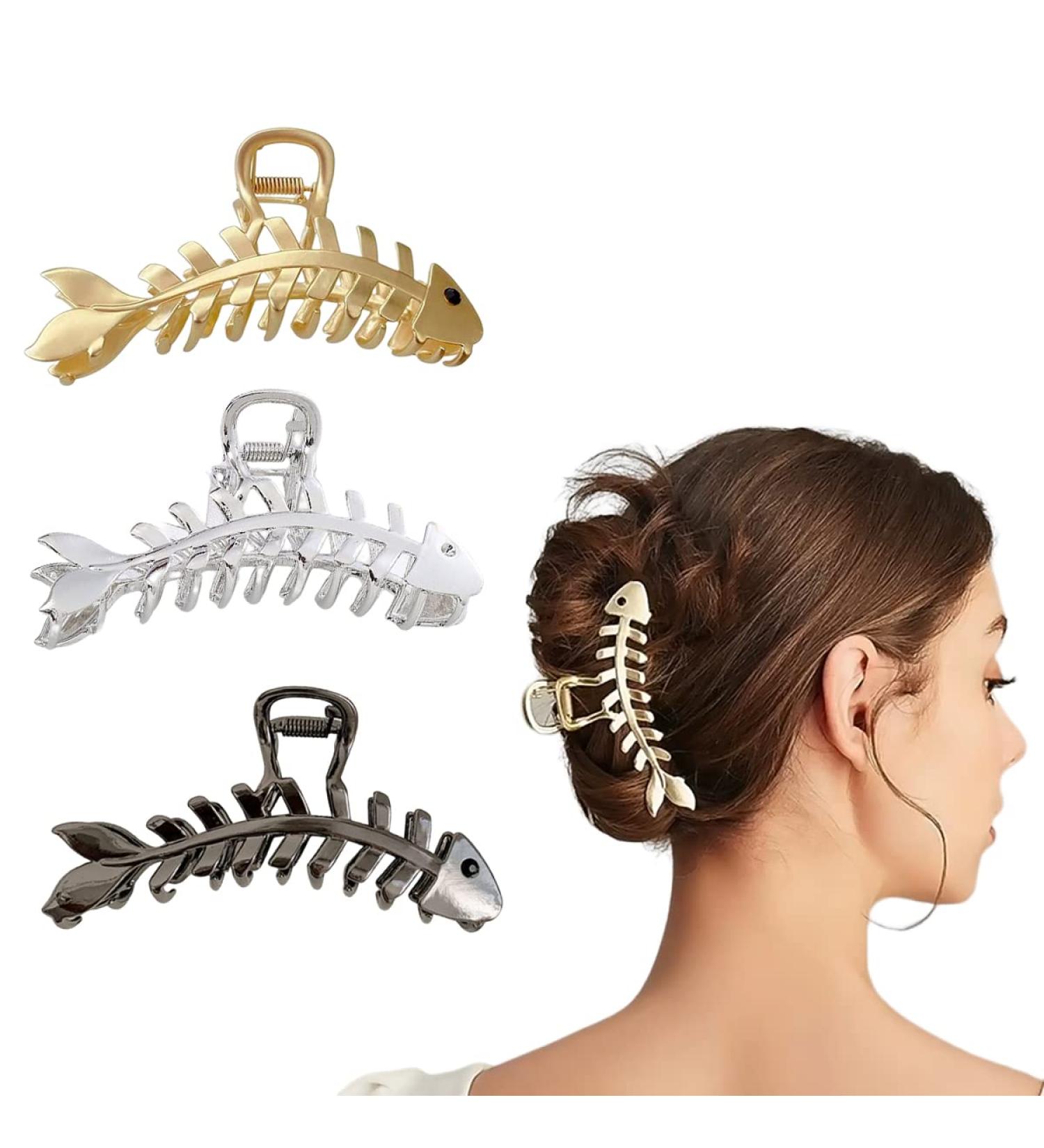 Fashionable Fish Bone Hair Clips Set - 3 PCS Metal Hair Claw Clips for Thick & Thin Hair - Stylish French Hair Accessories for Women and Girls - Buy Online on GoSupps.com