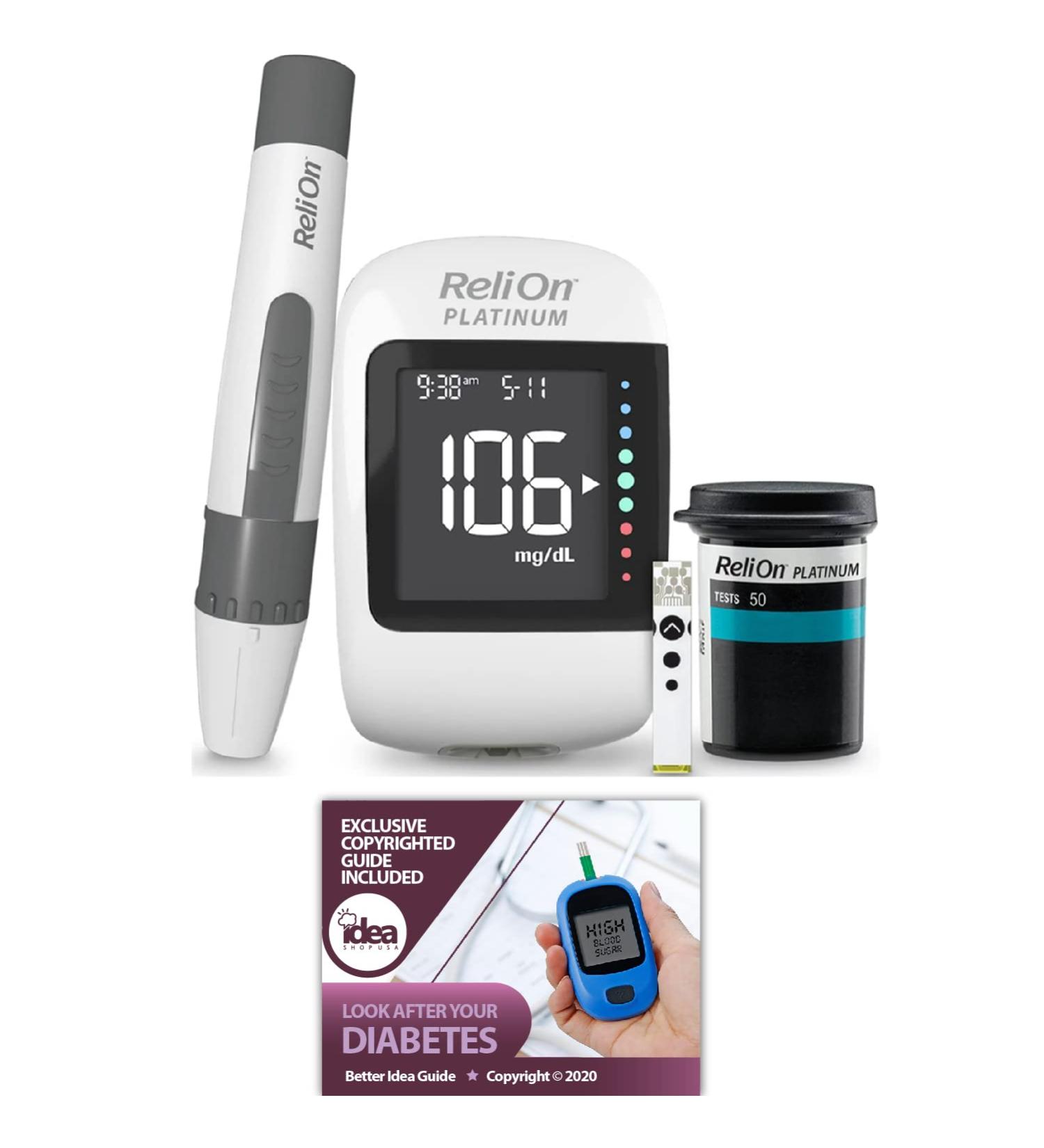 ReliOn Platinum Starter Kit | Wireless Blood Glucose Meter with 50 Test Strips, Lancing Device, and Lancets | Carrying Case Bundle + Look After Your Diabetes Guide - 1 Pack (50 Test Strips) - Buy Online on GoSupps.com