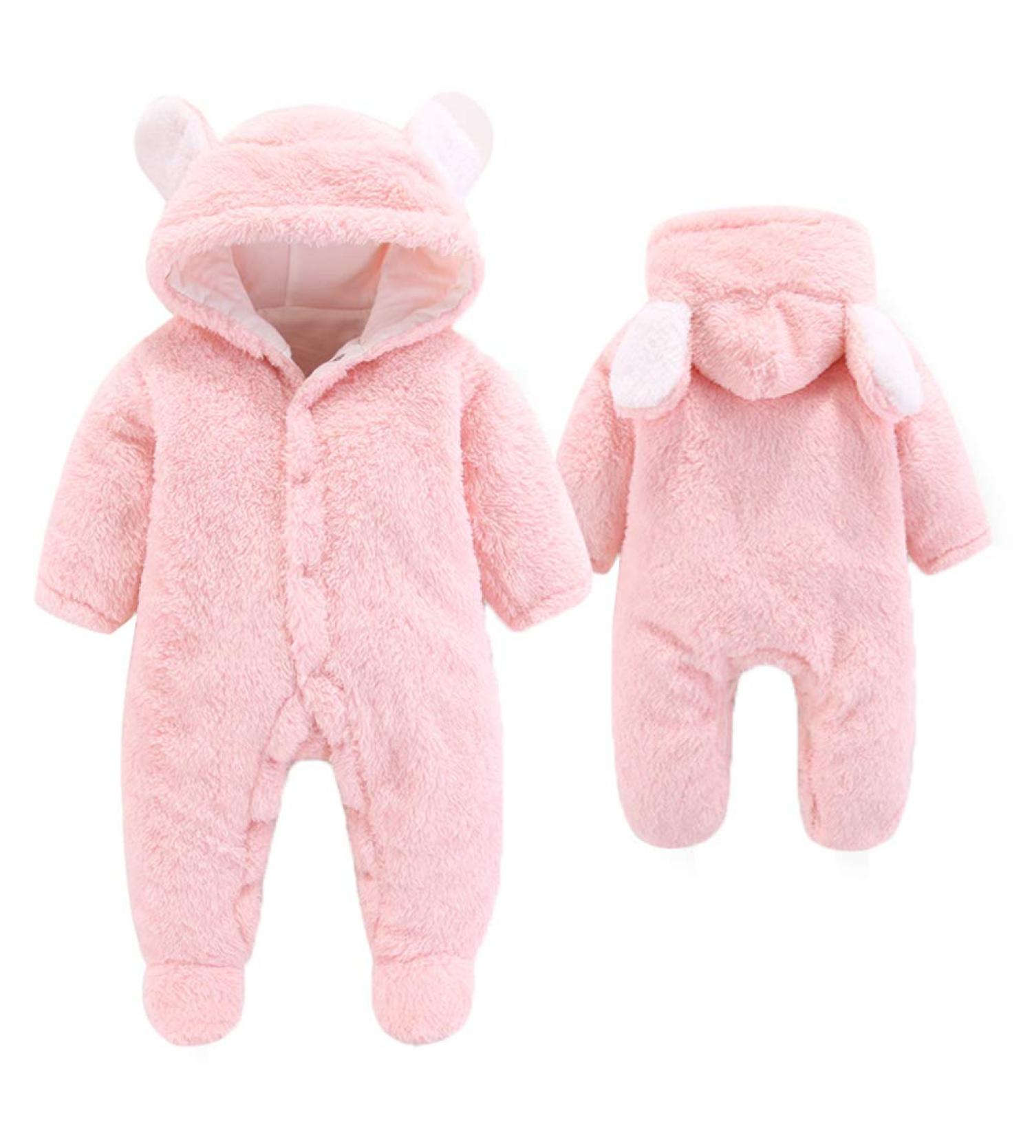 Ceguimos Newborn Baby Hooded Snowsuit Romper | Warm Fleece Jumpsuit | Cartoon Bear Design | Pink | 6-9 Months - Buy Online on GoSupps.com