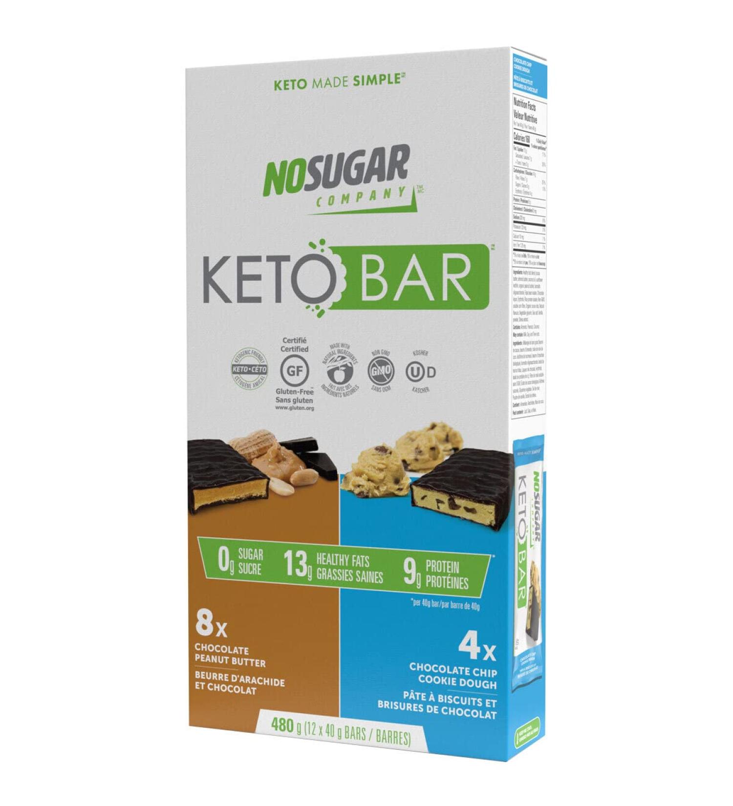 No Sugar Company Keto Bars 12 Mixed Bars 40g Chocolate Peanut Butter & Chocolate Chip Cookie Dough - Buy Online on GoSupps.com