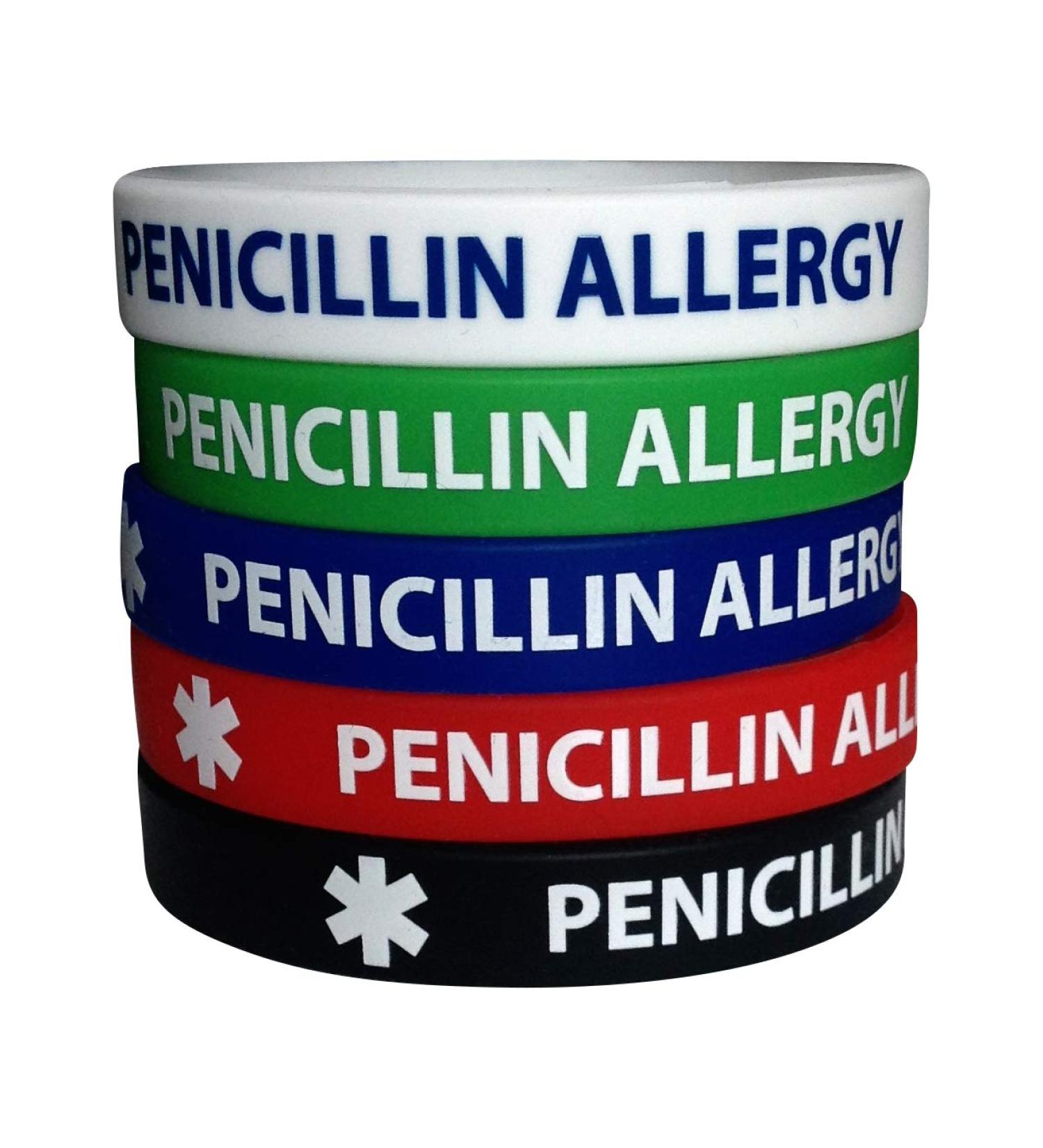 Penicillin Allergy Silicone Bracelets (5 Pack) Wristbands Adult Size 7.8 for Men Women