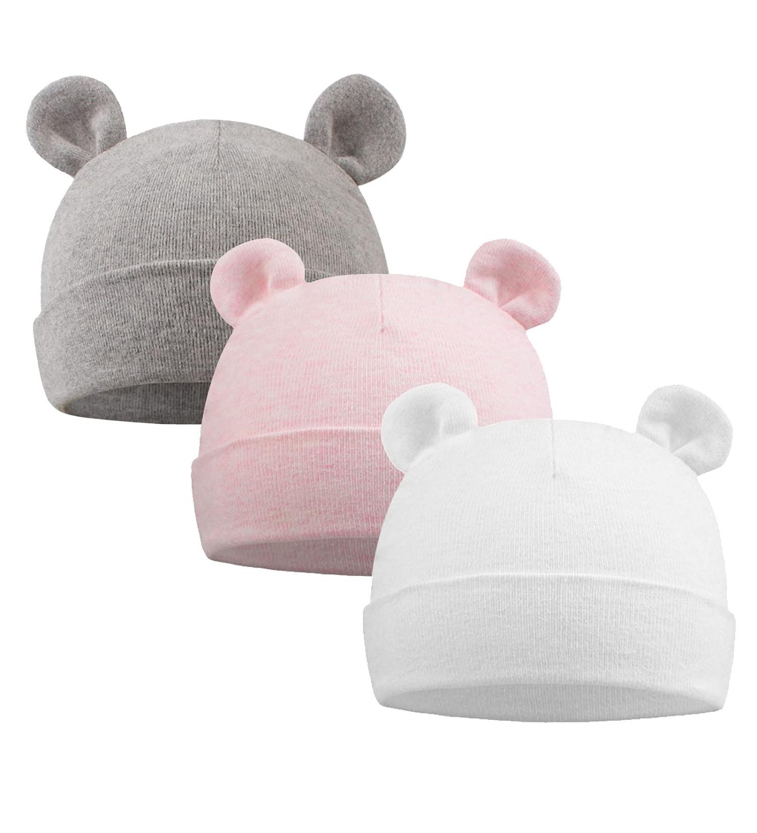 XIAOHAWANG Newborn Hospital Hat Preemie Boys Girls Beanie Cotton Bear Ears Baby Hats - 0-12 Months (White/Pink/Gray) - Buy Online on GoSupps.com