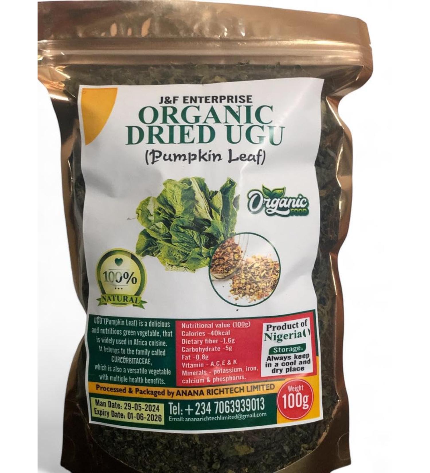 J&F Enterprise Premium Organic Dried Pumpkin (Ugu) Leaves | Nutrient-Rich Superfood for Health and Flavor | Premium Organic Dried Pumpkin Leaves (100g)
