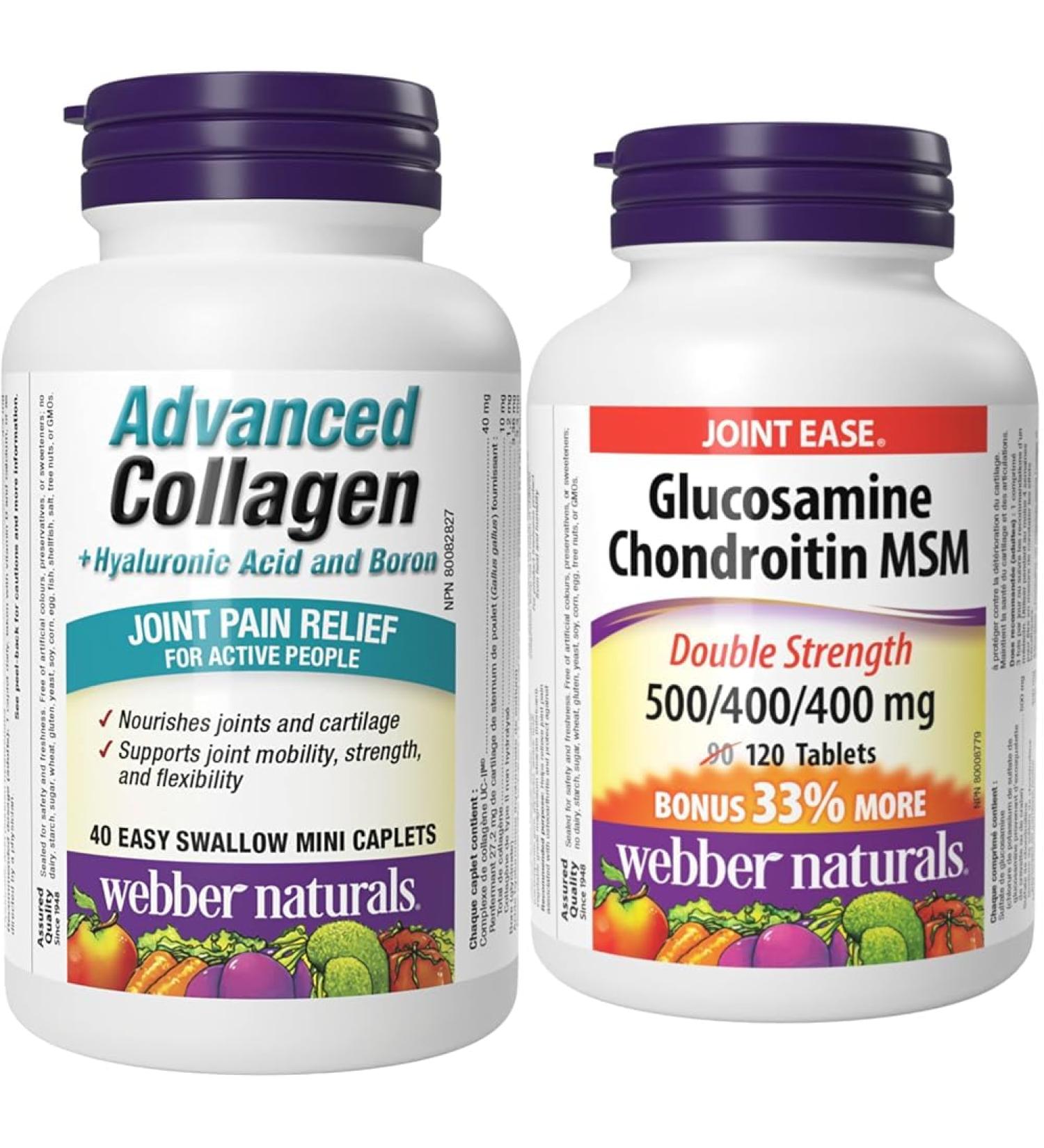 Webber Naturals Advanced Collagen with Hyaluronic Acid and Boron 40 Mini Caplets & Glucosamine Chondroitin MSM Double Strength 120 Tablets Helps Relieve Joint Pain Associated with Osteoarthritis - Buy Online on GoSupps.com