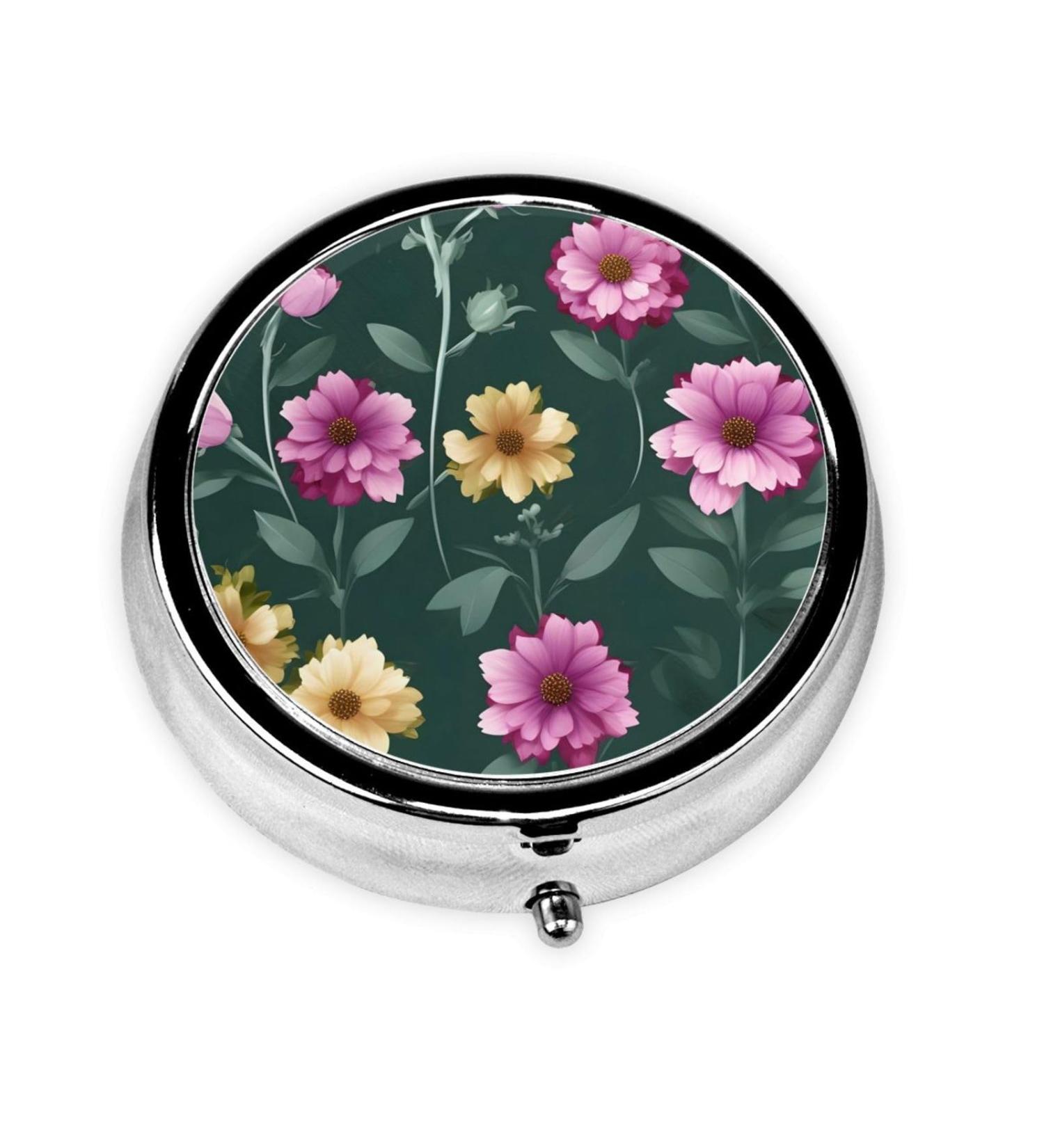 Beautiful Purple Flowers Round Pill Box - 3 Compartment Travel Organizer for Easy Medication Management - Buy Online on GoSupps.com