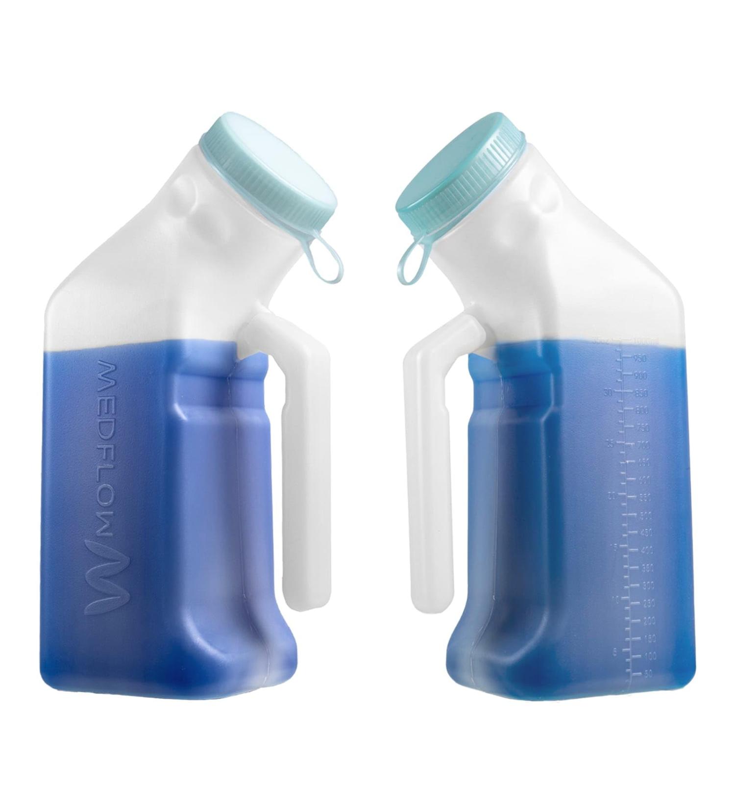 Urinals for Men Spill Proof Portable Pee Bottles with Glow in The Dark Lid 34 oz/1000 ml - Thick Plastic Urine Bottles for Hospitals Incontinence Travel 2 Count (Pack of 1) Men Clear With Blue Lid - Buy Online on GoSupps.com