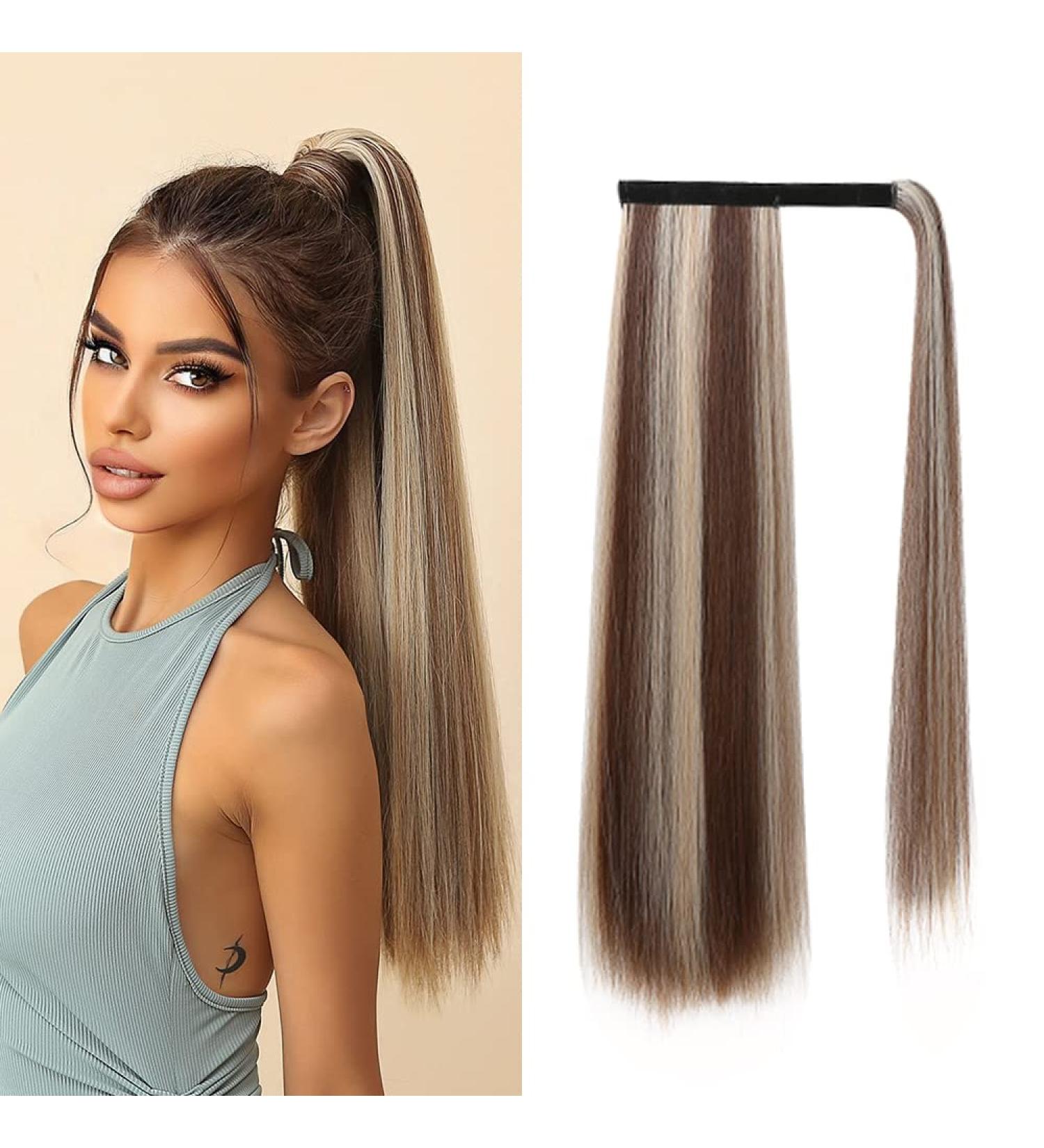 Oefei 24-Inch Blonde Brown Mixed Ponytail Extension - Long Straight Synthetic Hair with Velcro Fastener for Natural Women's Hairstyles - Buy Online on GoSupps.com