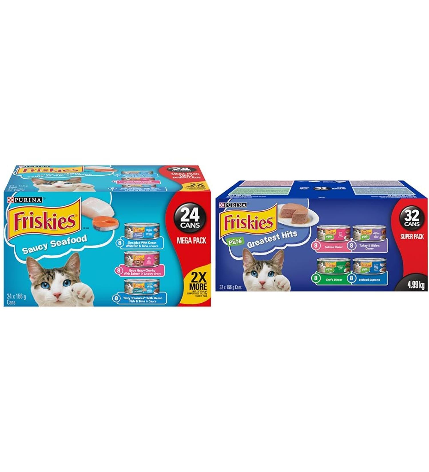 Friskies Saucy Seafood Wet Cat Food Variety Pack 3 Flavours - 156 g Can (24 Pack) & Greatest Hits Wet Cat Food Pate Variety Pack 4 Flavours - 156 g Can (32 Pack) Pet Food+ Cat Food Super Pack - Buy Online on GoSupps.com