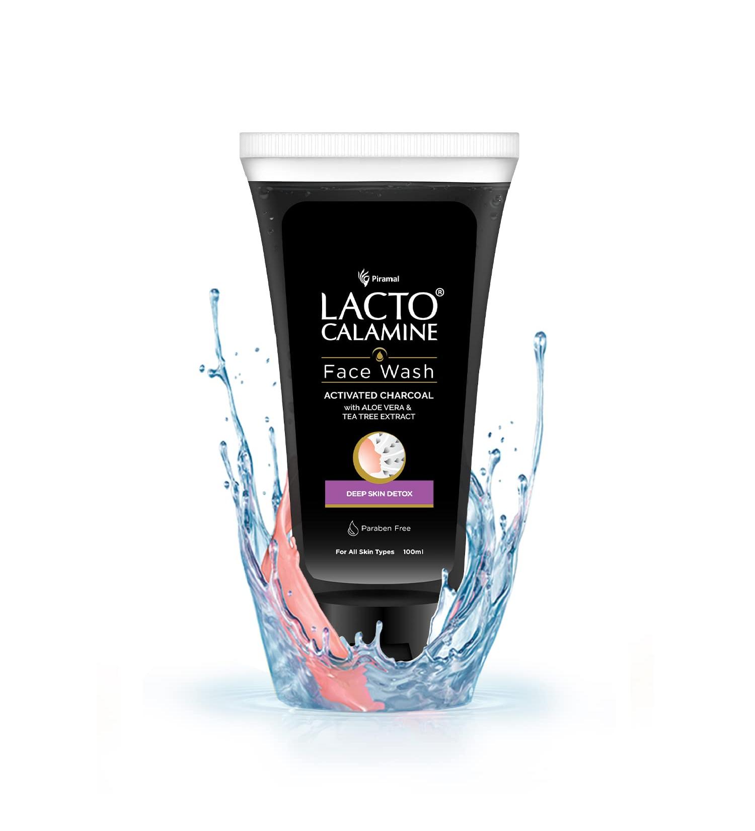 Lacto Calamine Activated Charcoal Face Wash with Aloe Vera & Tea Tree Extract - Deep Skin Detox, 100ml - Paraben & Sulphate Free - Buy Online on GoSupps.com