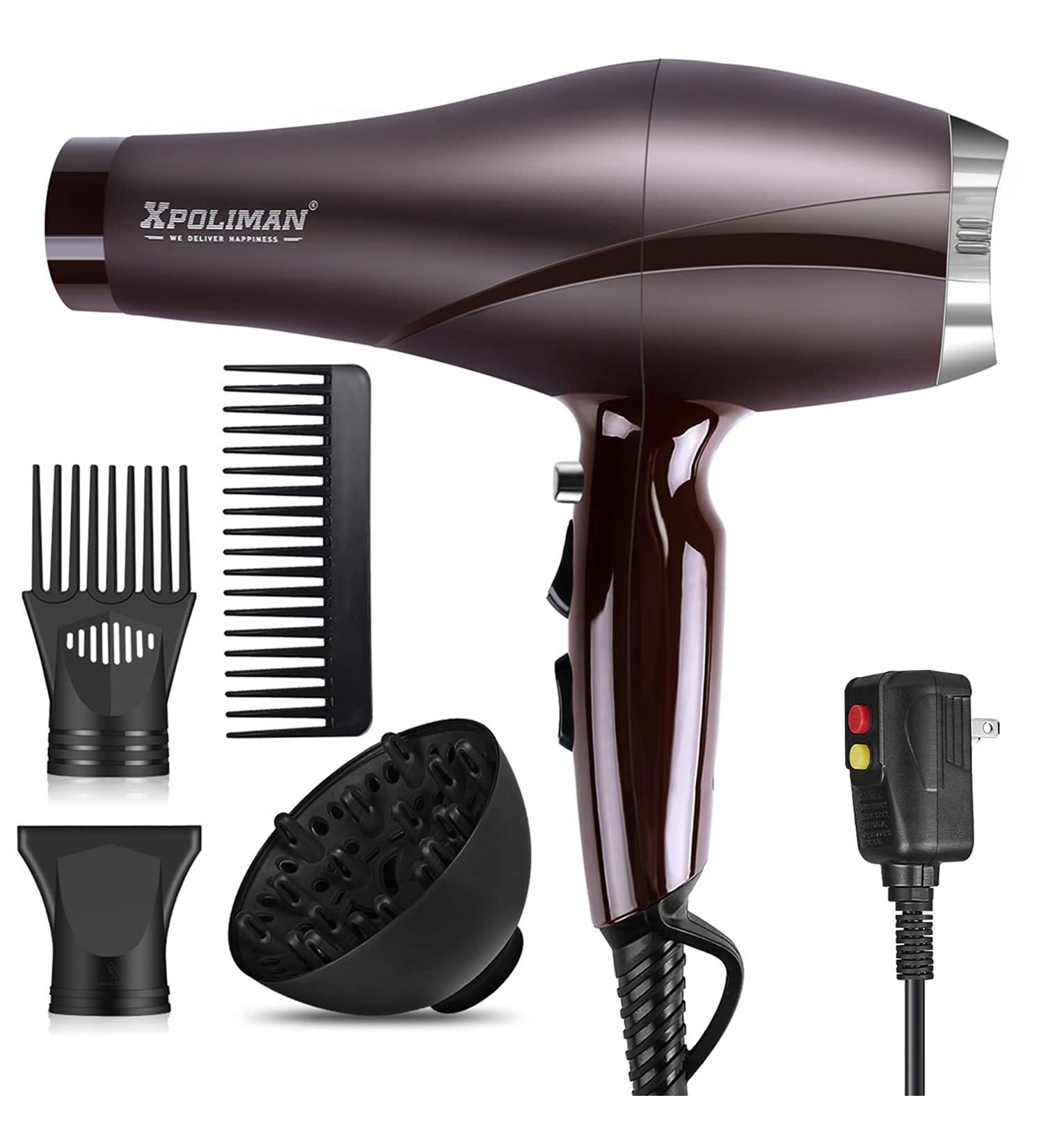Xpoliman Professional Salon Hair Dryer - 2000 Watt AC Motor, Negative Ionic, 2 Speed 3 Heat Settings, Diffuser & Concentrator Comb - Brown/Purple - Buy Online on GoSupps.com