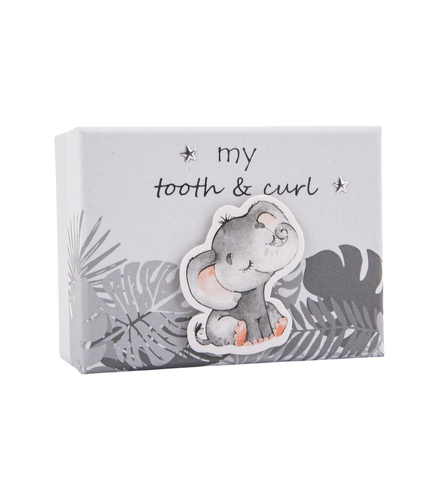 Cute Baby 3D Elephant Grey Tooth and Curl Keepsake Box | Silver Stars and Palm Leaves Design | 10cm x 5cm x 8cm - Buy Online on GoSupps.com