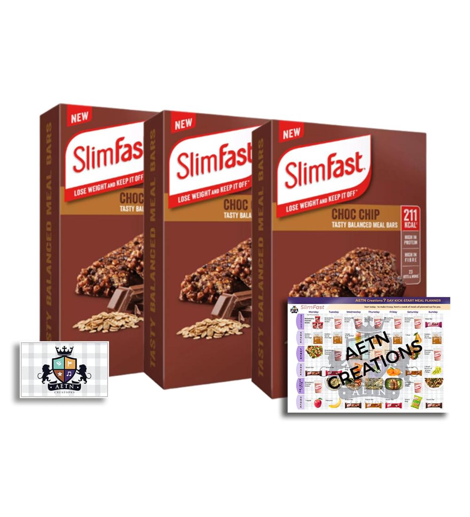 AETN Creations 3 Packs of Slim Fast Choc Chip Meal Replacement Bars with Essential Proteins & Fibres complete with AETN Magnet + Meal Planner - Buy Online on GoSupps.com
