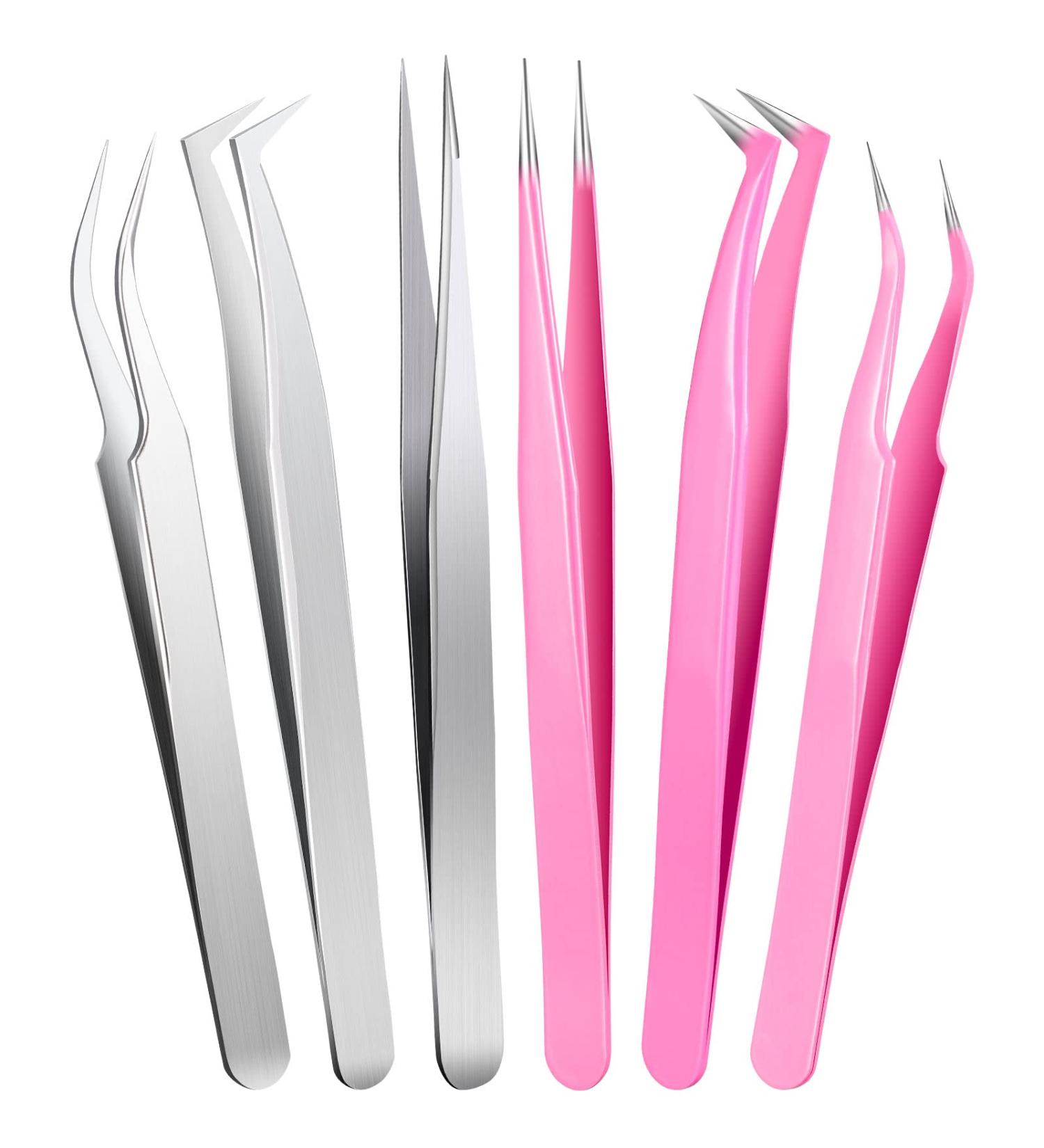 6-Piece Stainless Steel Eyelash Extension Tweezers Set - Straight & Curved Tip Precision Tweezers for Eyebrow and Lash Nippers - Silver & Pink - Buy Online on GoSupps.com